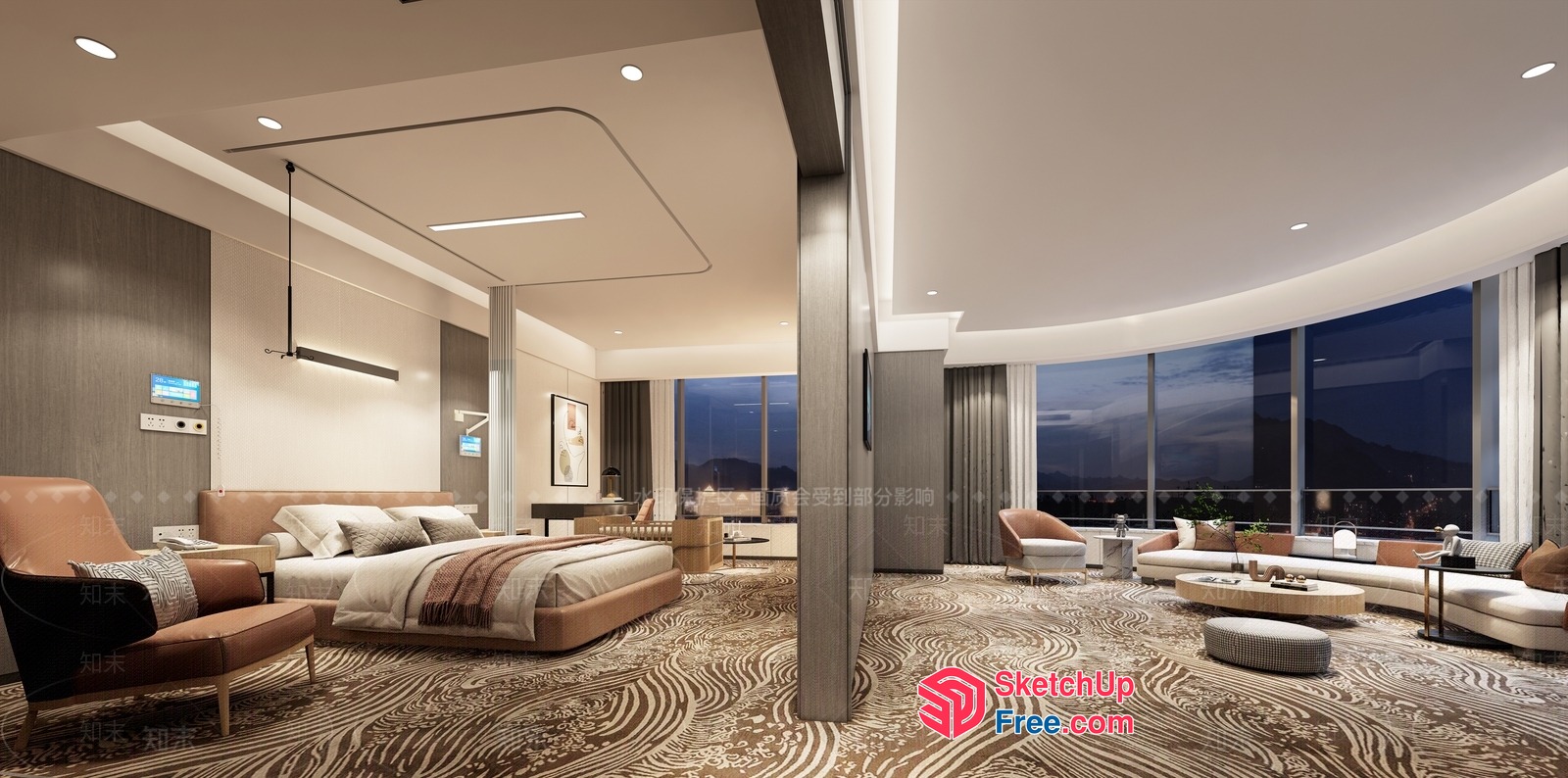 Modern Bedroom With Large Windows And Pillars 3D SketchUp File