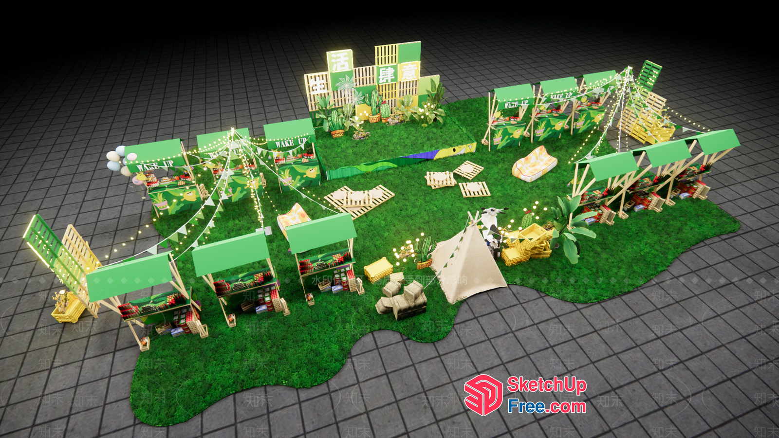 Outdoor Event Setup With Greenery And Furniture 3D SketchUp File