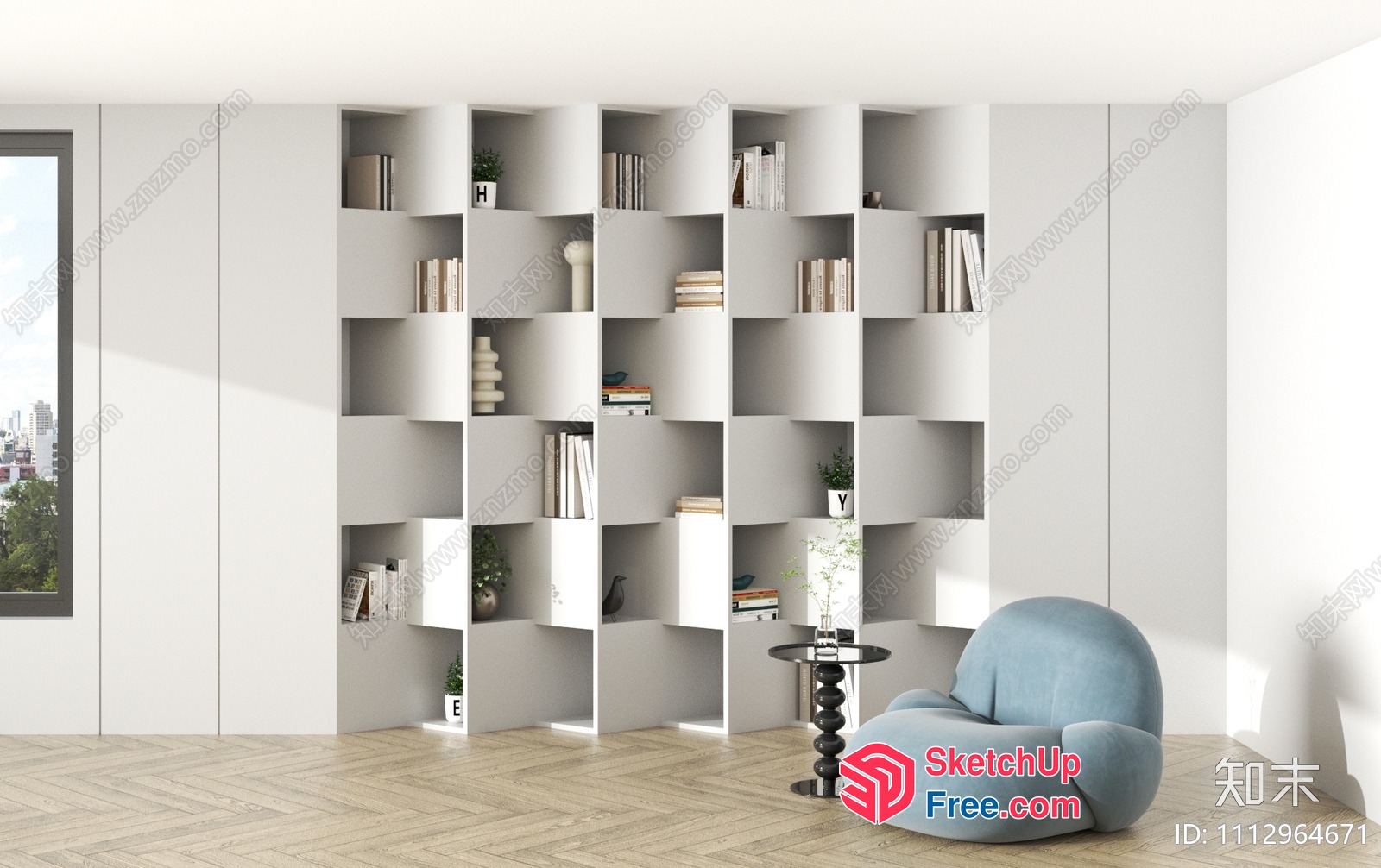 Minimalist Modern Living Room With Sleek Bookshelf 3D SketchUp File