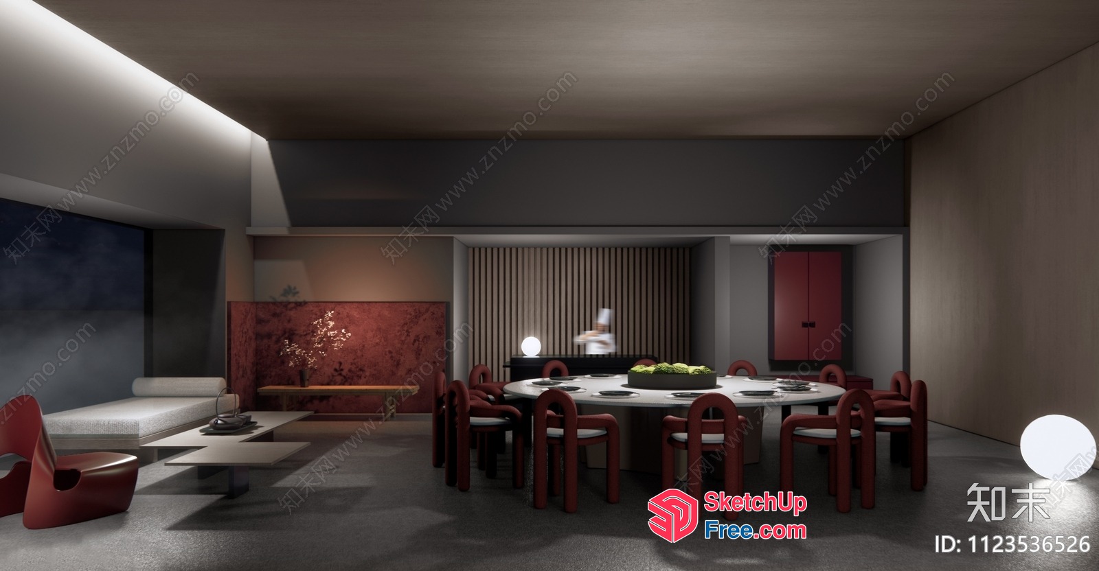 Modern Dining Room With White Table And Red Chairs 3D SketchUp File