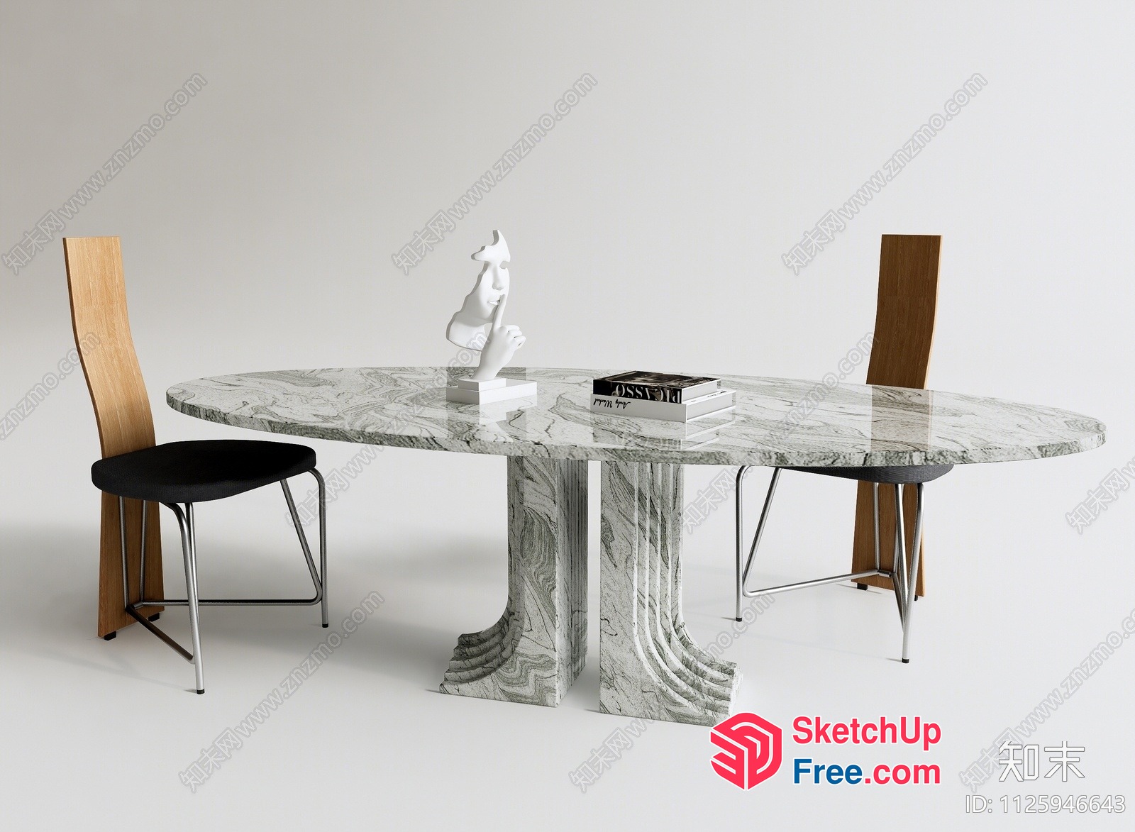 Marble Dining Table With Ornate Base And Two Chairs 3D SketchUp File