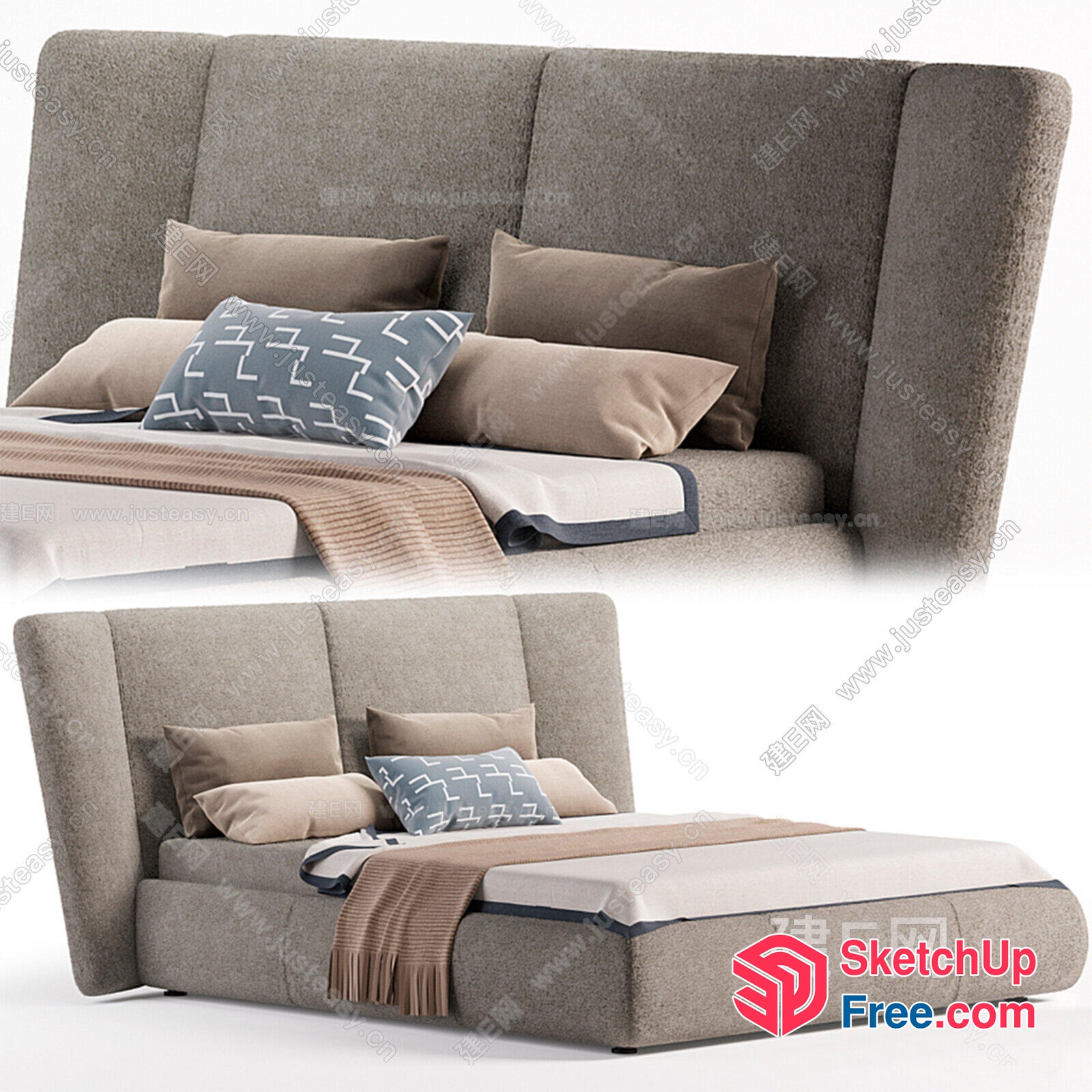 Modern Grey Bed With Pillows And Blankets 3D SketchUp File