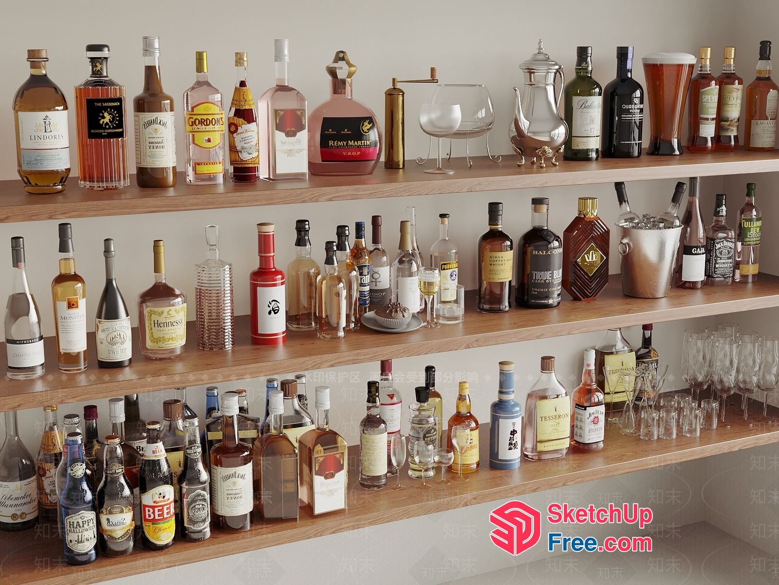 Bottles Of Various Alcoholic Beverages On Wooden Shelves 3D SketchUp File