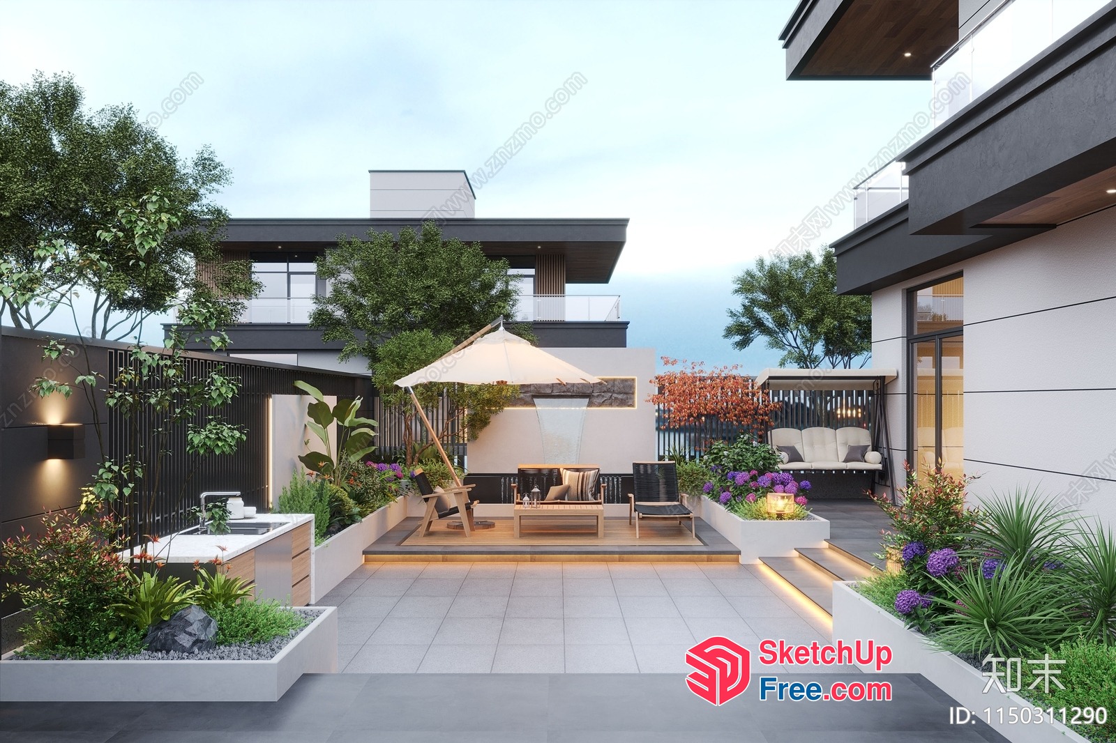 Modern Outdoor Patio With Railing And Stairs 3D SketchUp File