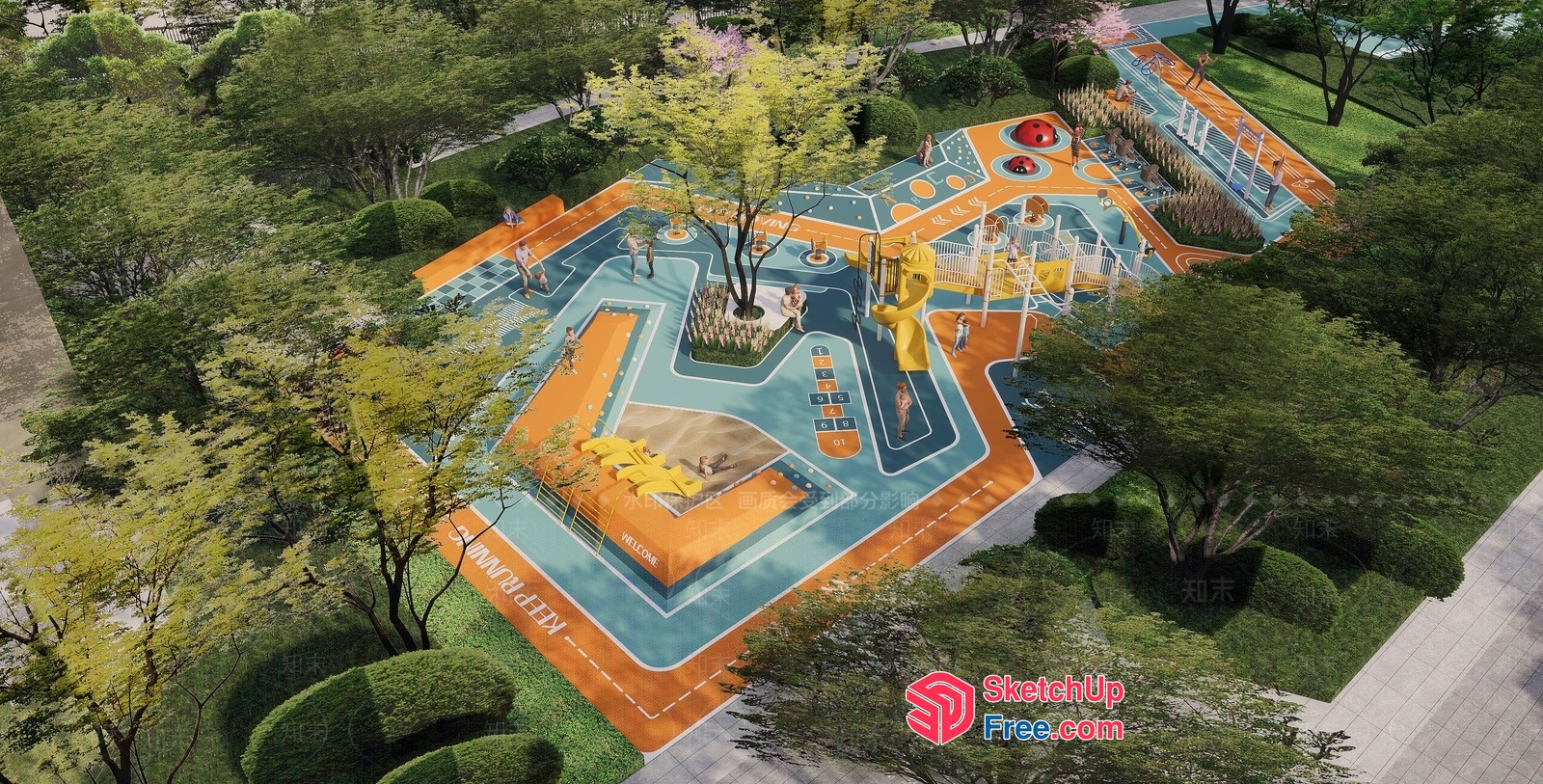 Vibrant Playground With Colorful Play Structures And Surrounded By Trees 3D SketchUp File