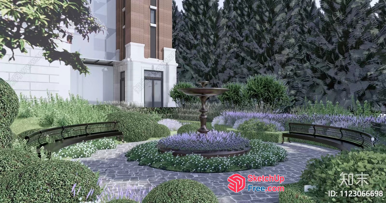 Elegant Outdoor Seating Area With Fountain And Bench 3D SketchUp File