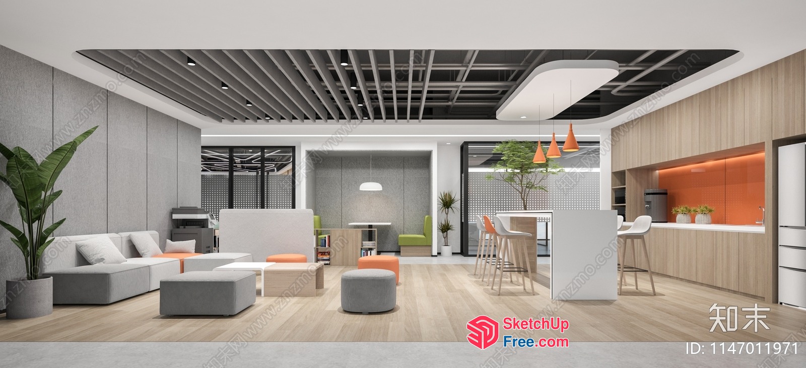 Modern Office Interior With Light Wood Flooring And White Walls 3D SketchUp File