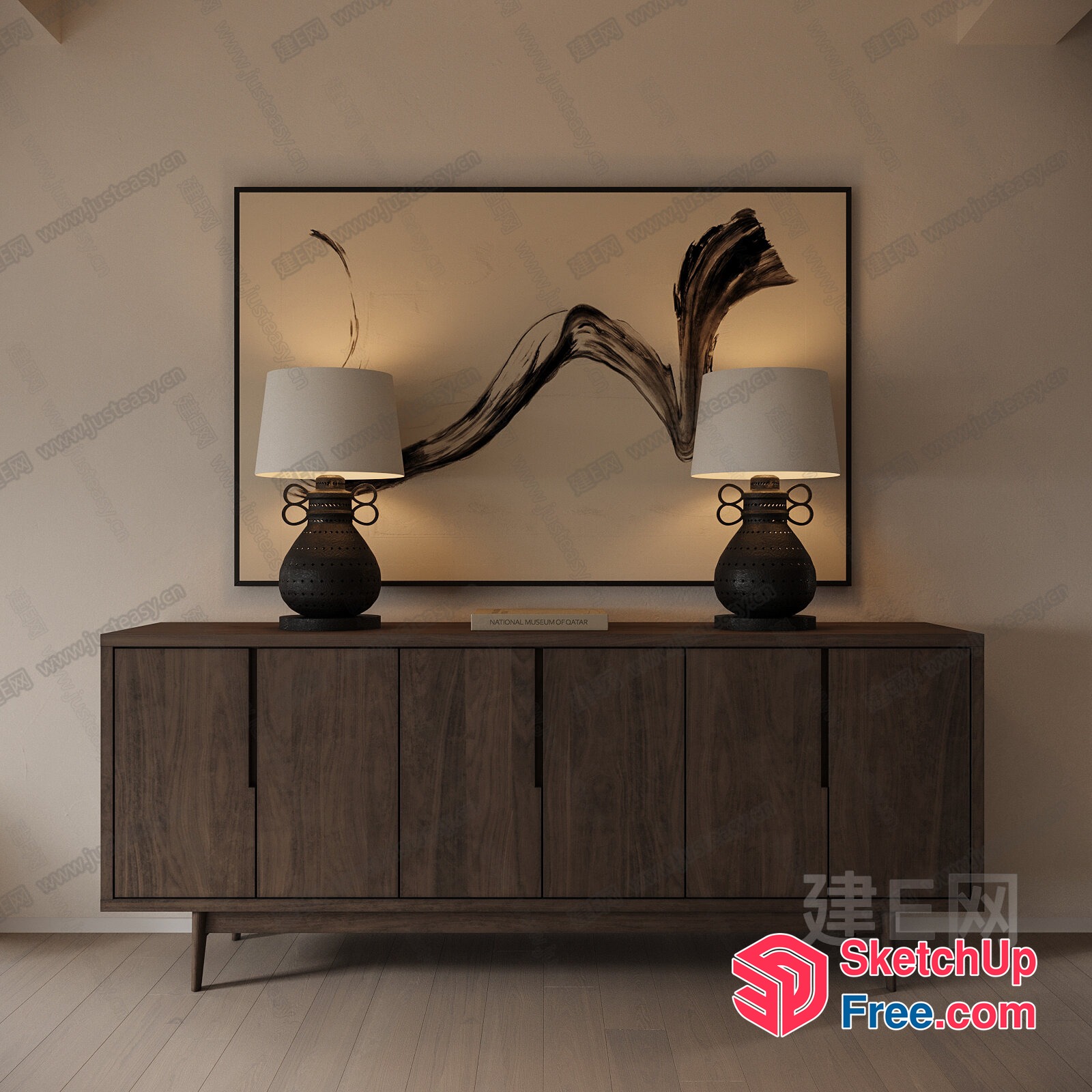 Modern Wooden Cabinet With Two Lamps And Abstract Art 3D SketchUp File