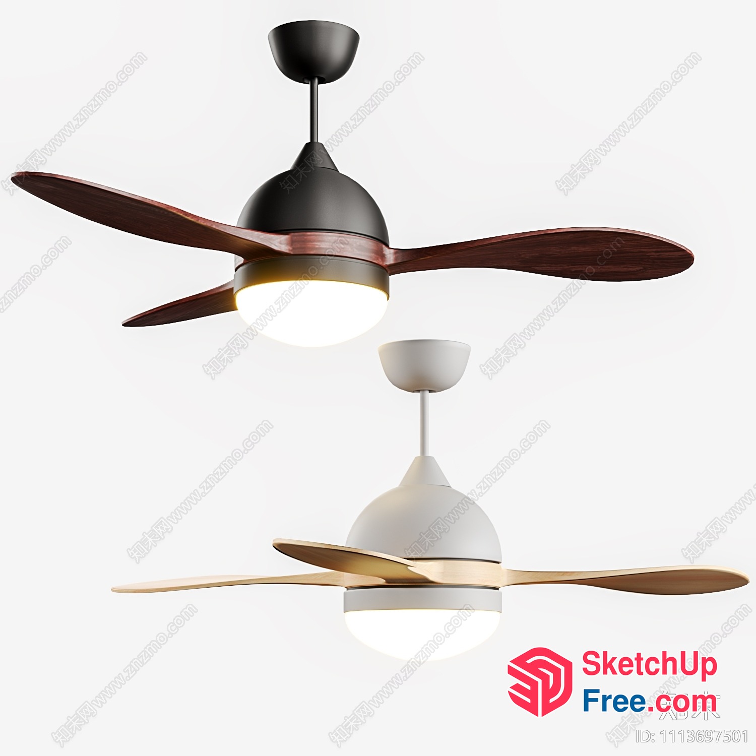 Two Ceiling Fans With Lights And Wooden Blades 3D SketchUp File