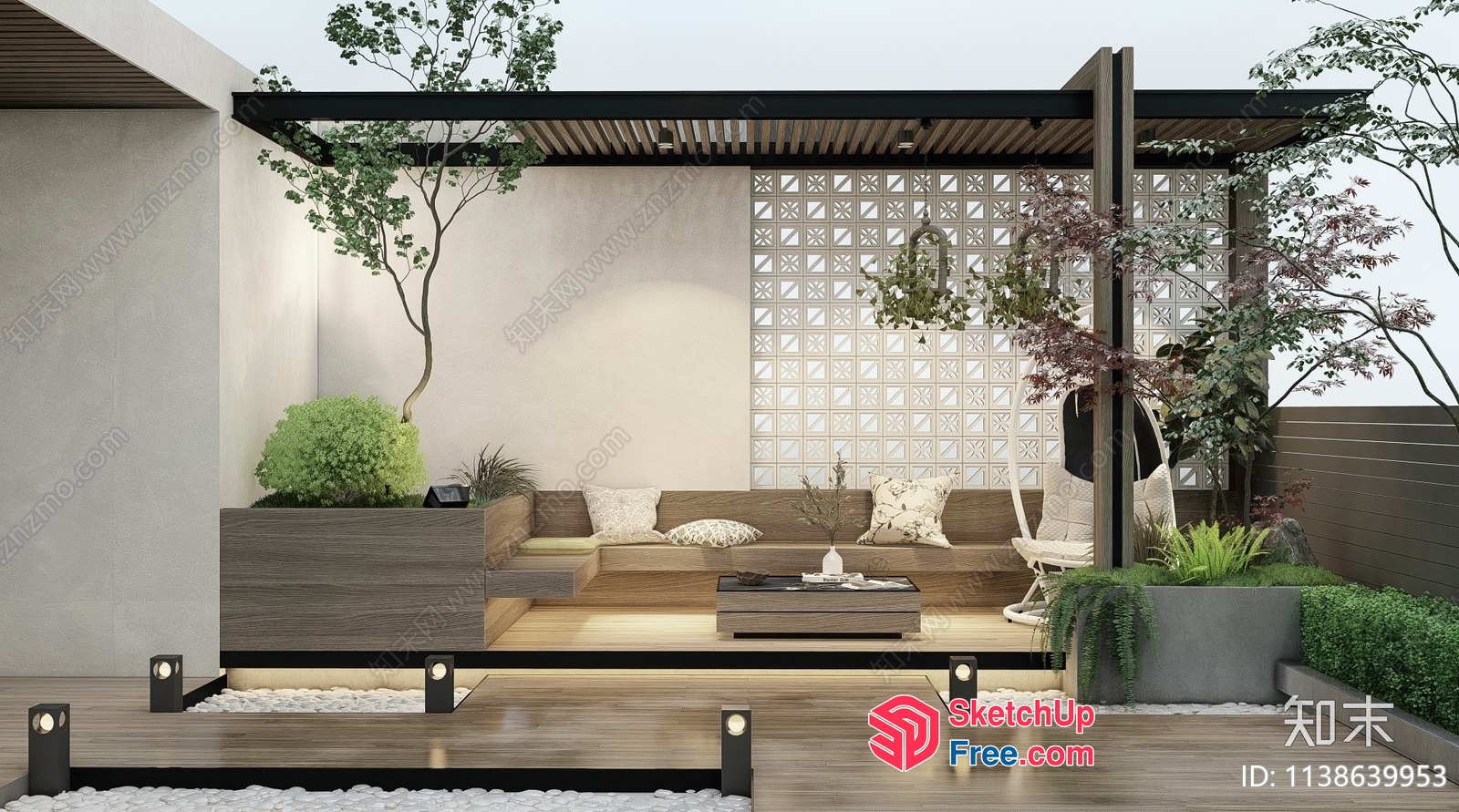 Modern Minimalist Outdoor Patio Decor With Glass Brick Wall 3D SketchUp File