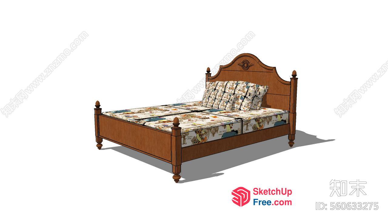 Classic Wooden Bed With Pillows And Bedding 3D SketchUp File