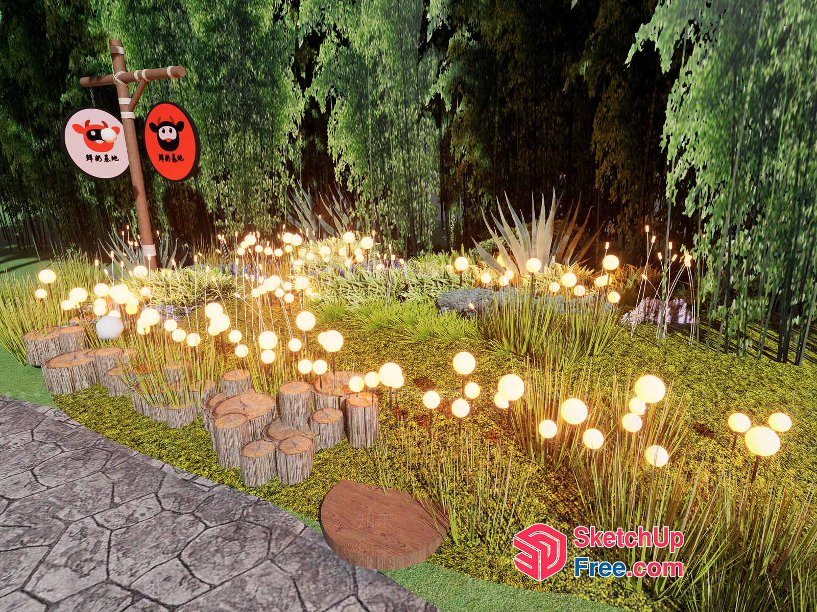 Enchanting Japanese-Inspired Illuminated Garden Scene 3D SketchUp File