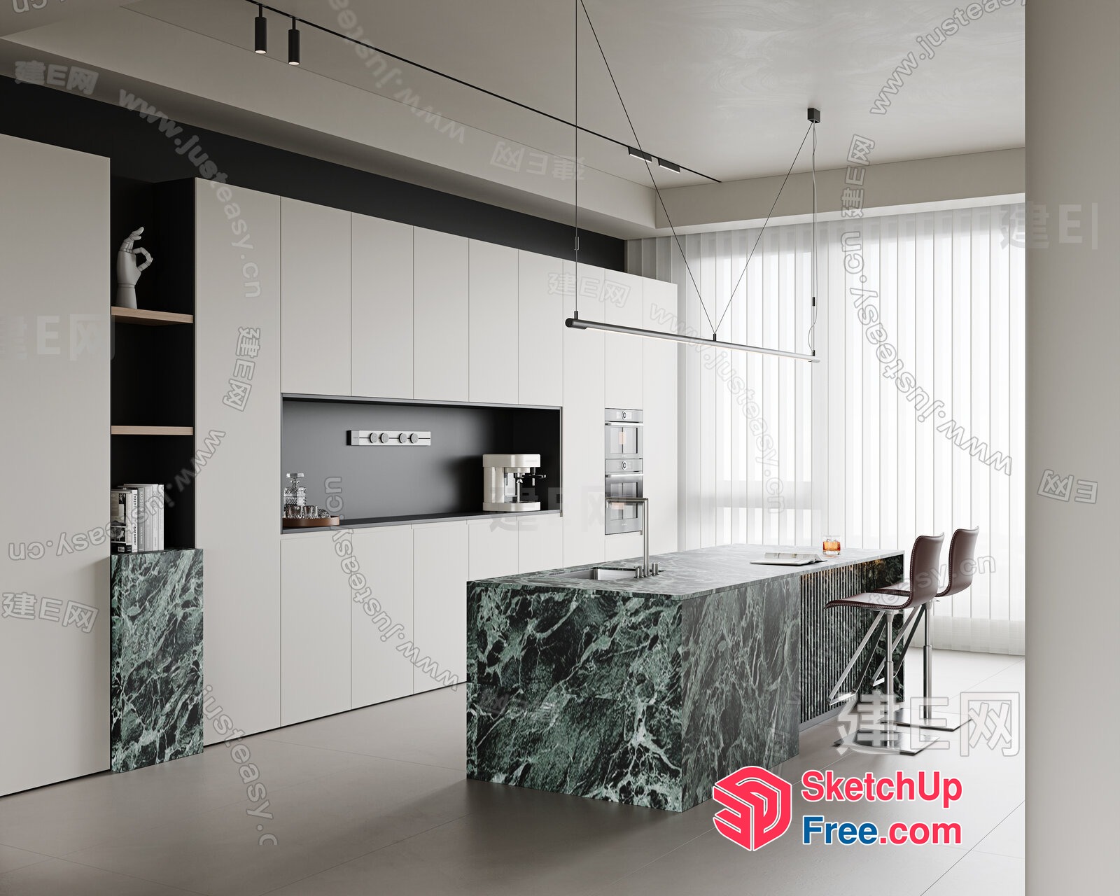 Modern Minimalist Kitchen With Green Marble Accents 3D SketchUp File