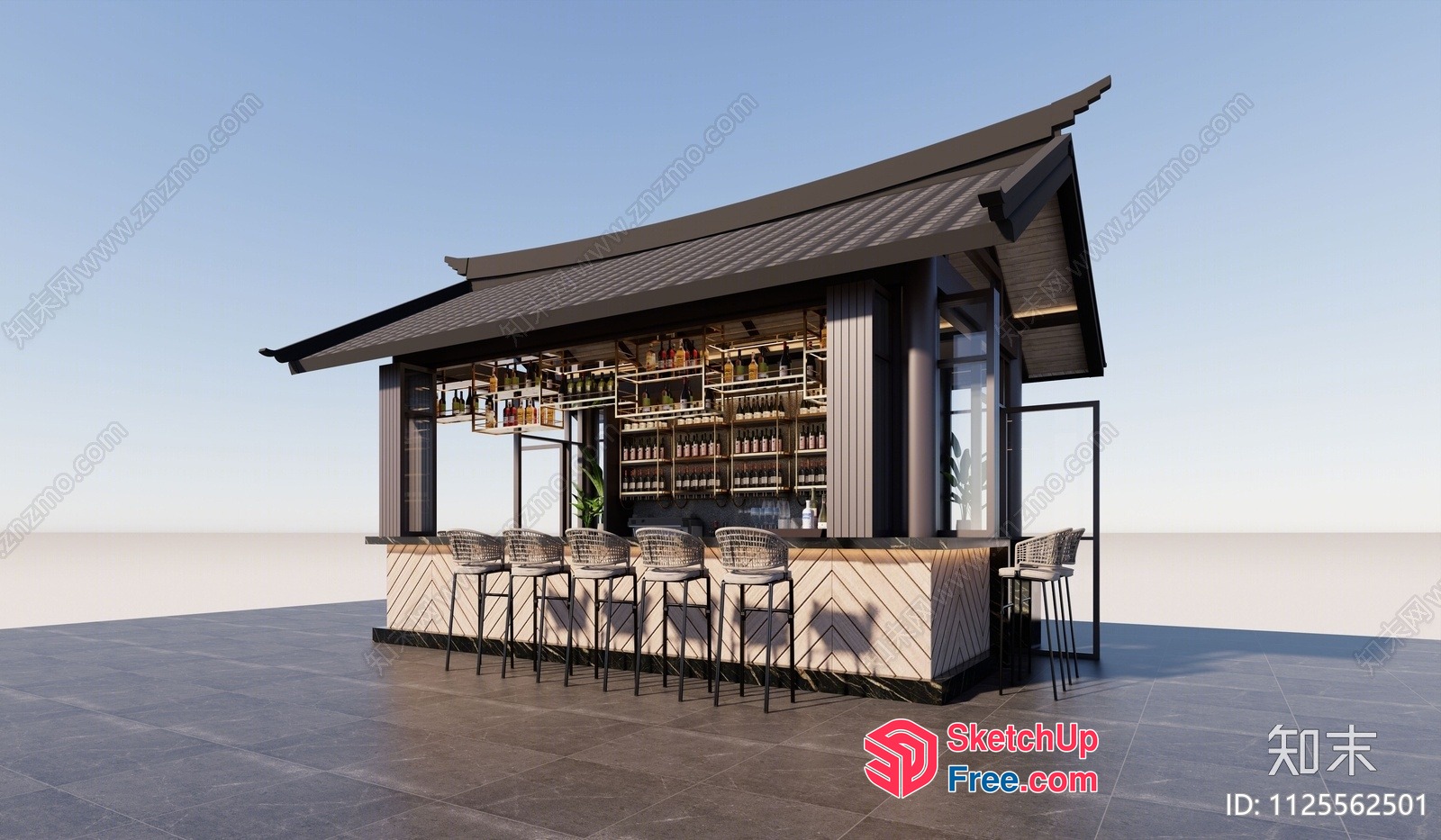 Modern Bar Exterior Design With Sleek Roof And Stools 3D SketchUp File