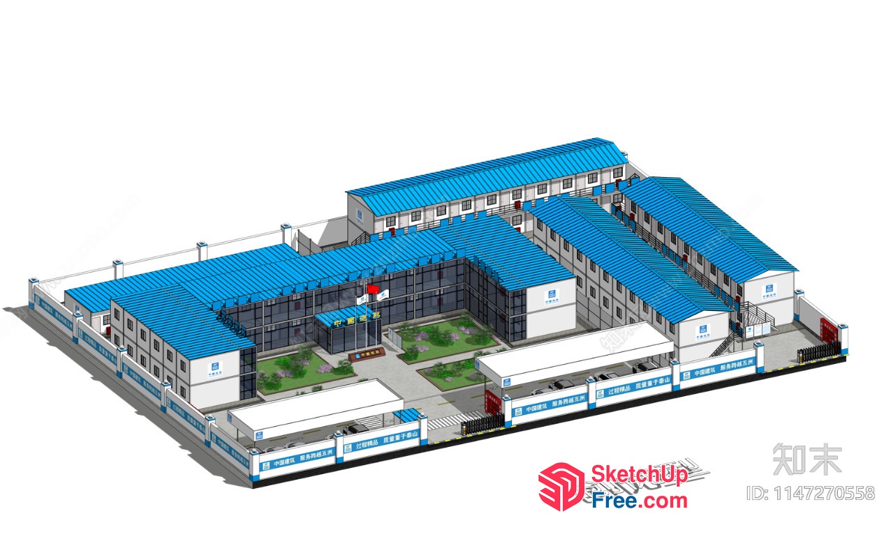 Asian School Building With Blue Roof And White Walls 3D SketchUp File