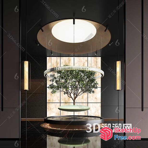 Modern Interior With Tree And Hanging Lights 3D SketchUp File