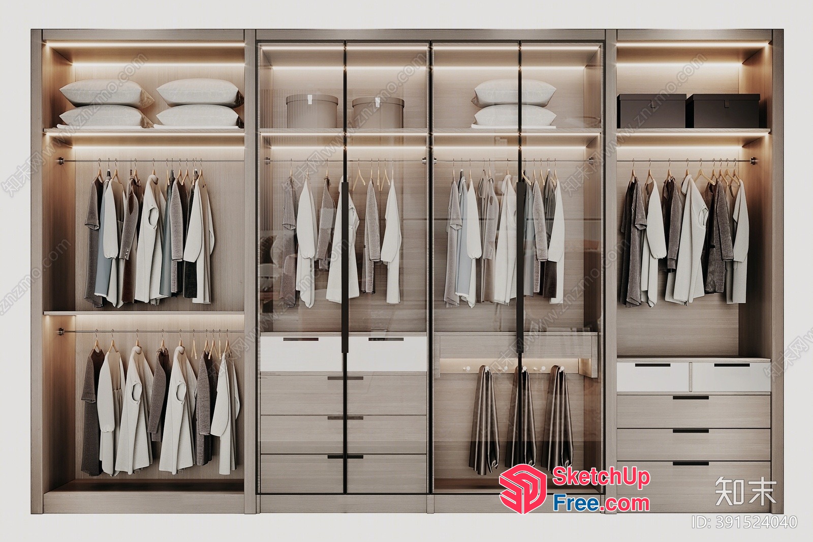 Modern Minimalist Wardrobe With Glass Doors And Built-In Lighting 3D SketchUp File