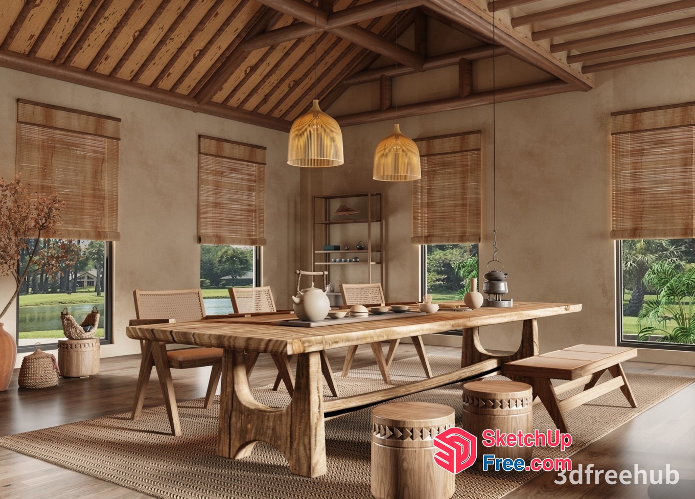Natural Light-Filled Dining Room With Rustic Wooden Accents 3D SketchUp File