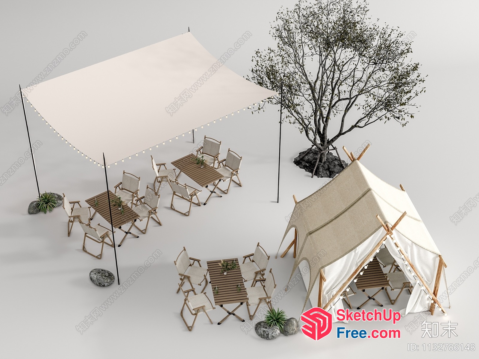 Modern Outdoor Dining Area With White Canopy And Tent 3D SketchUp File