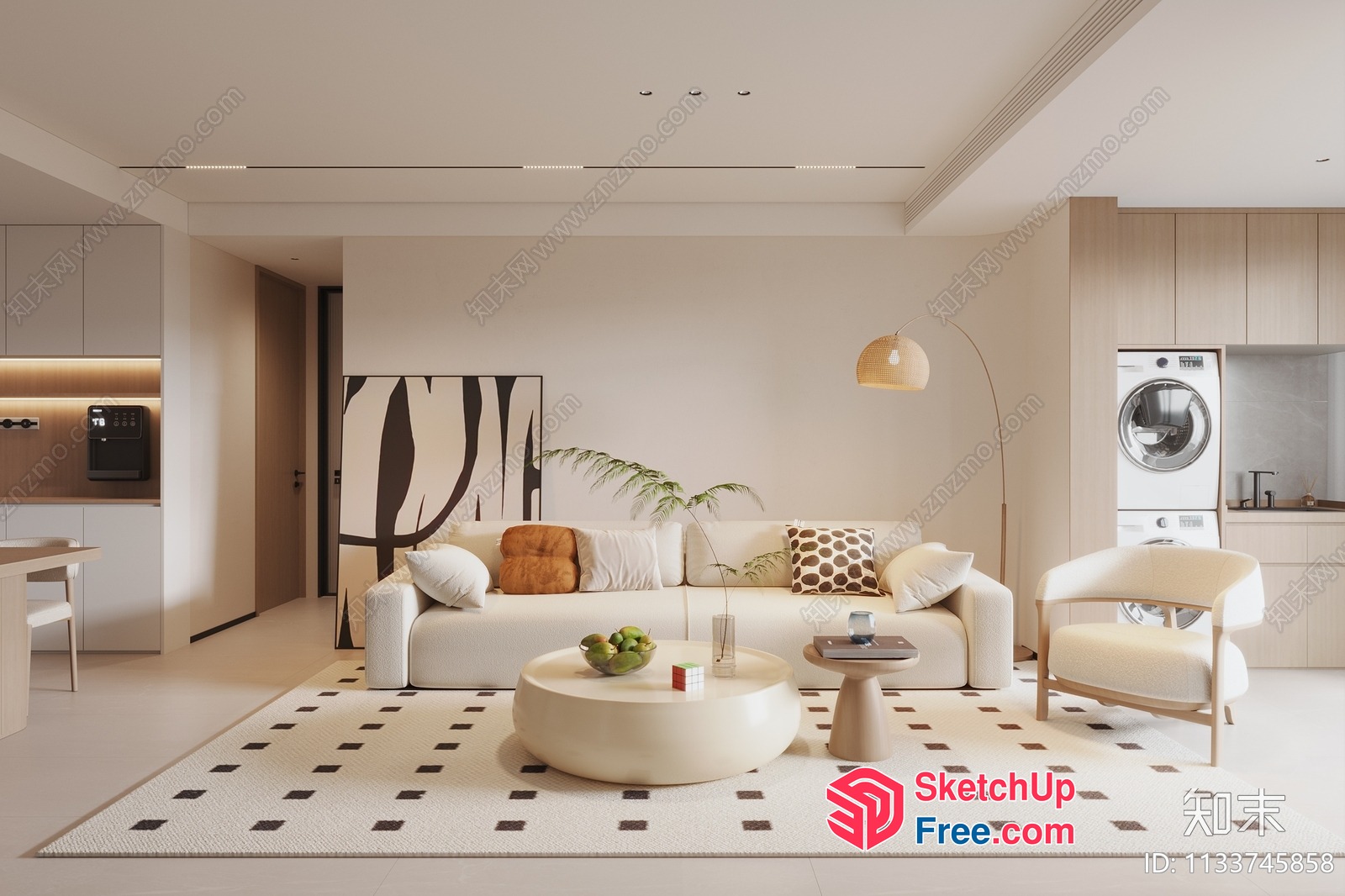 Modern Minimalist Living Room With White And Beige Decor 3D SketchUp File