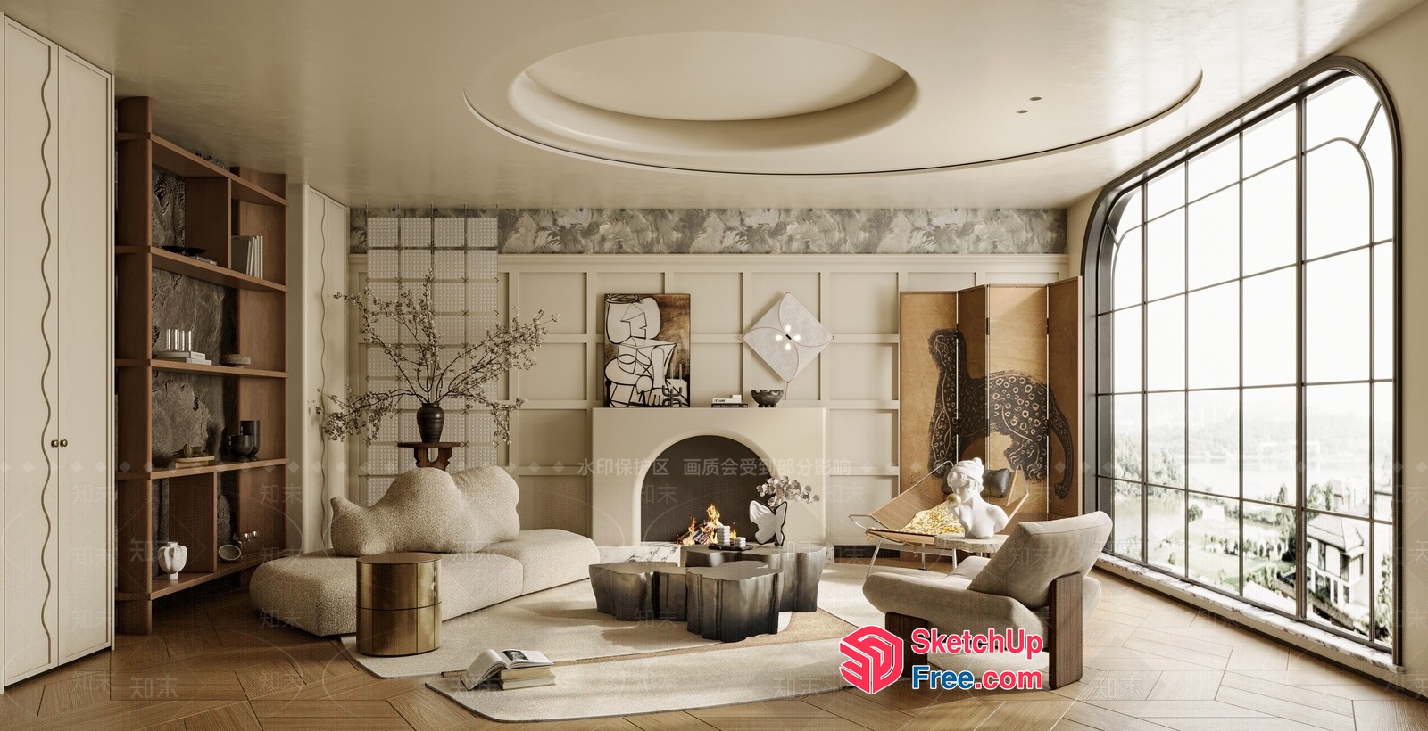 Elegant Modern Living Room With Fireplace And Large Window 3D SketchUp File