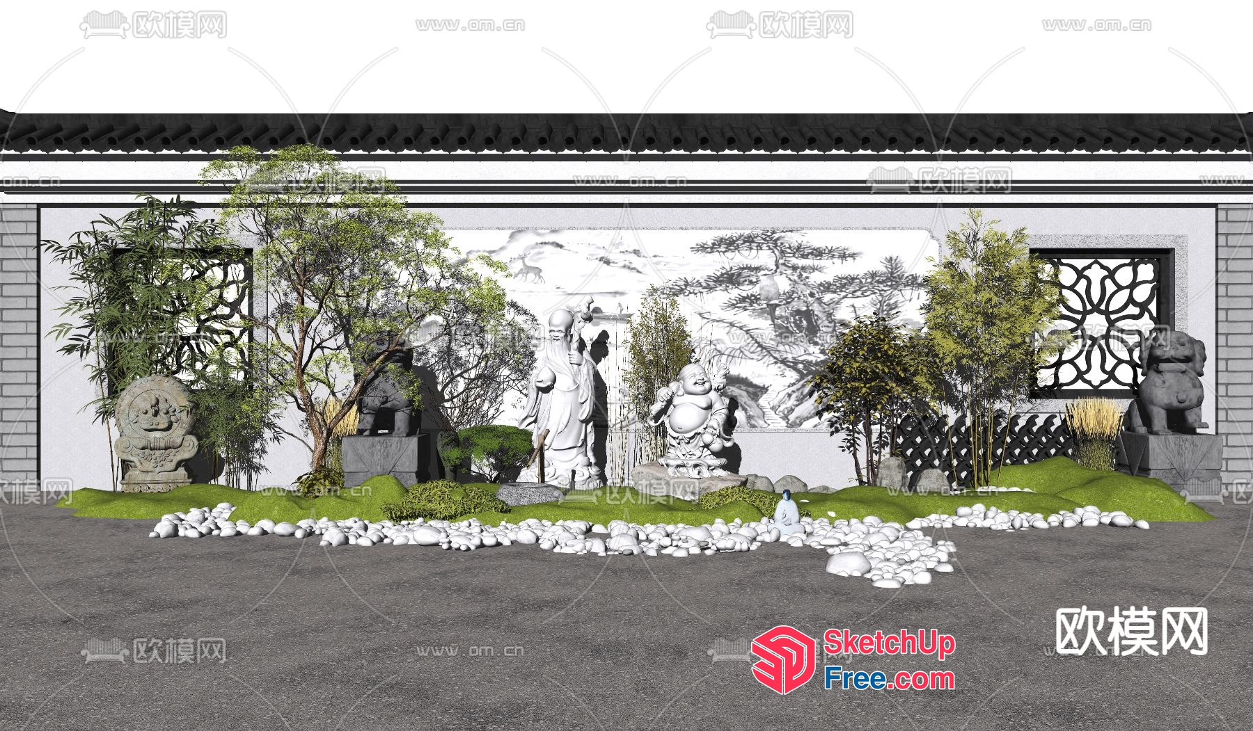 Asian-Inspired Decorative Wall With Statues And Plants 3D SketchUp File