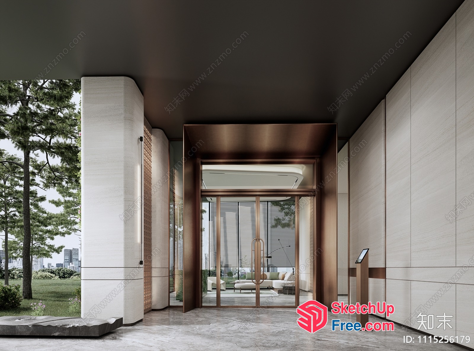 Modern Interior With Glass Curtain Wall And Pillars 3D SketchUp File
