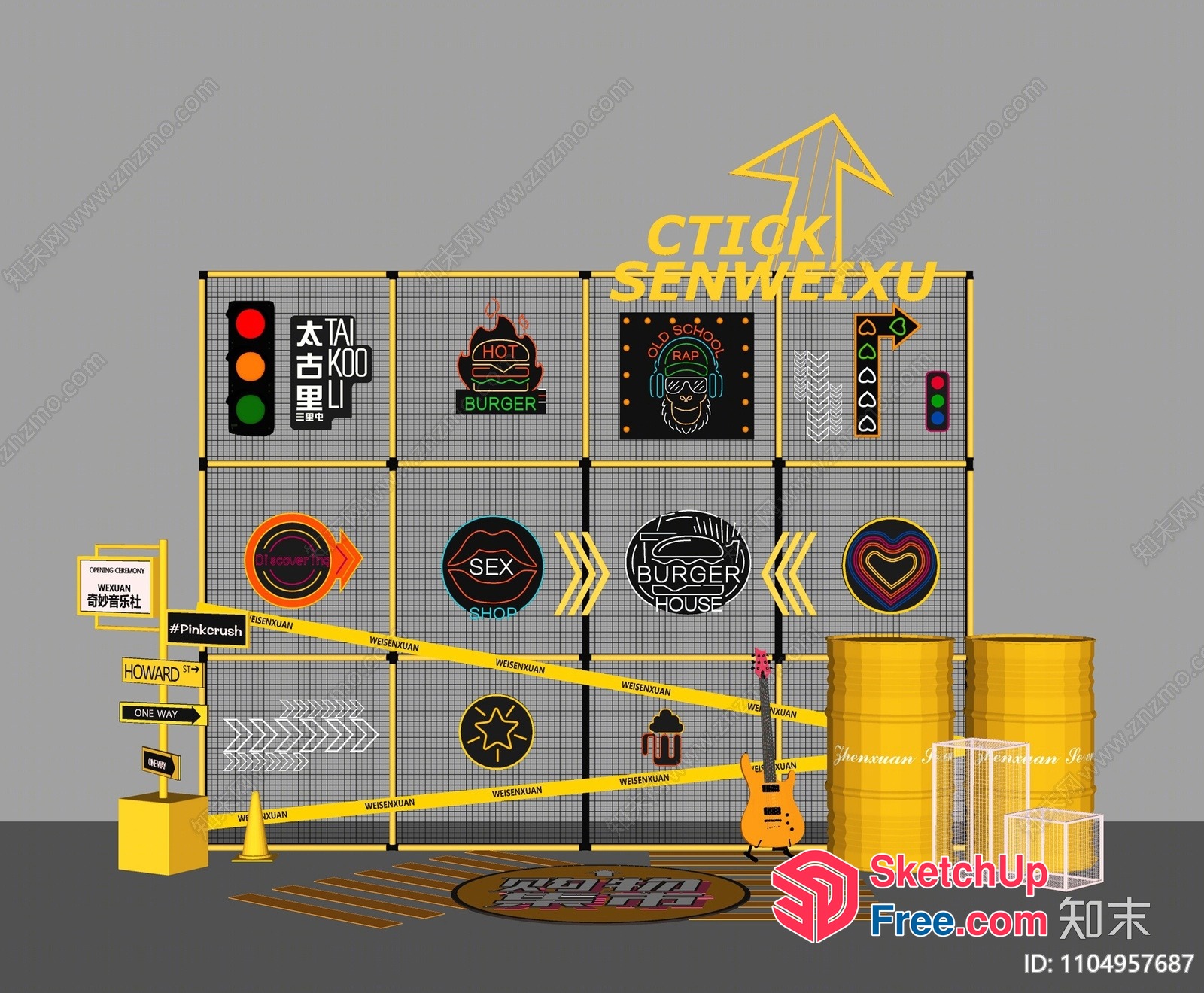Industrial Style Signage With Traffic Light And Billboard 3D SketchUp File