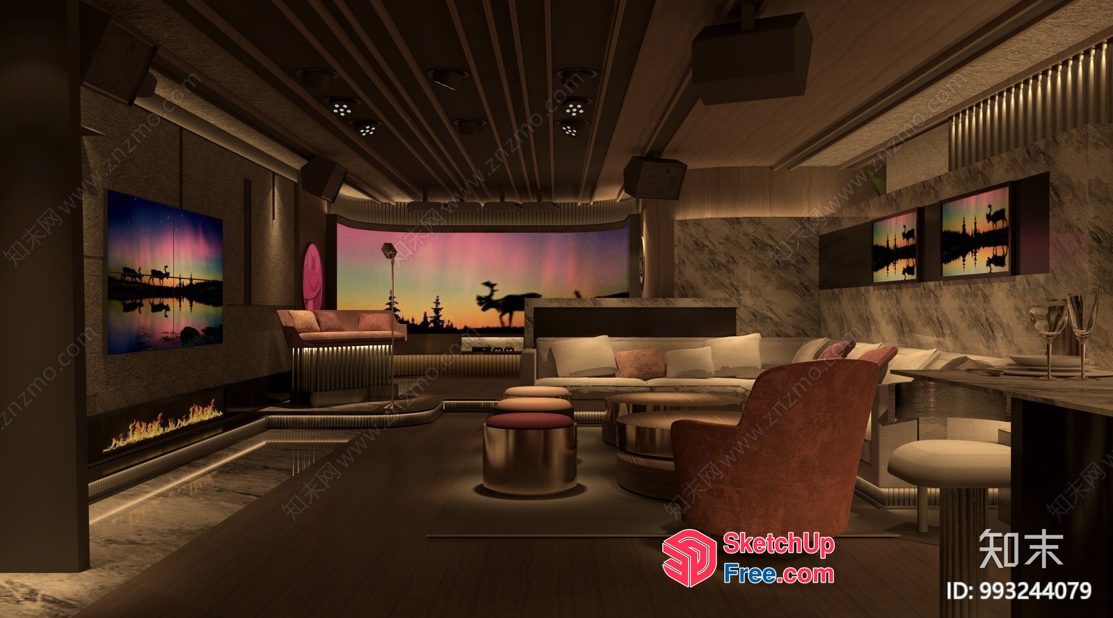 Luxurious Modern Lounge With Fireplace And Unique Wall Decor 3D SketchUp File