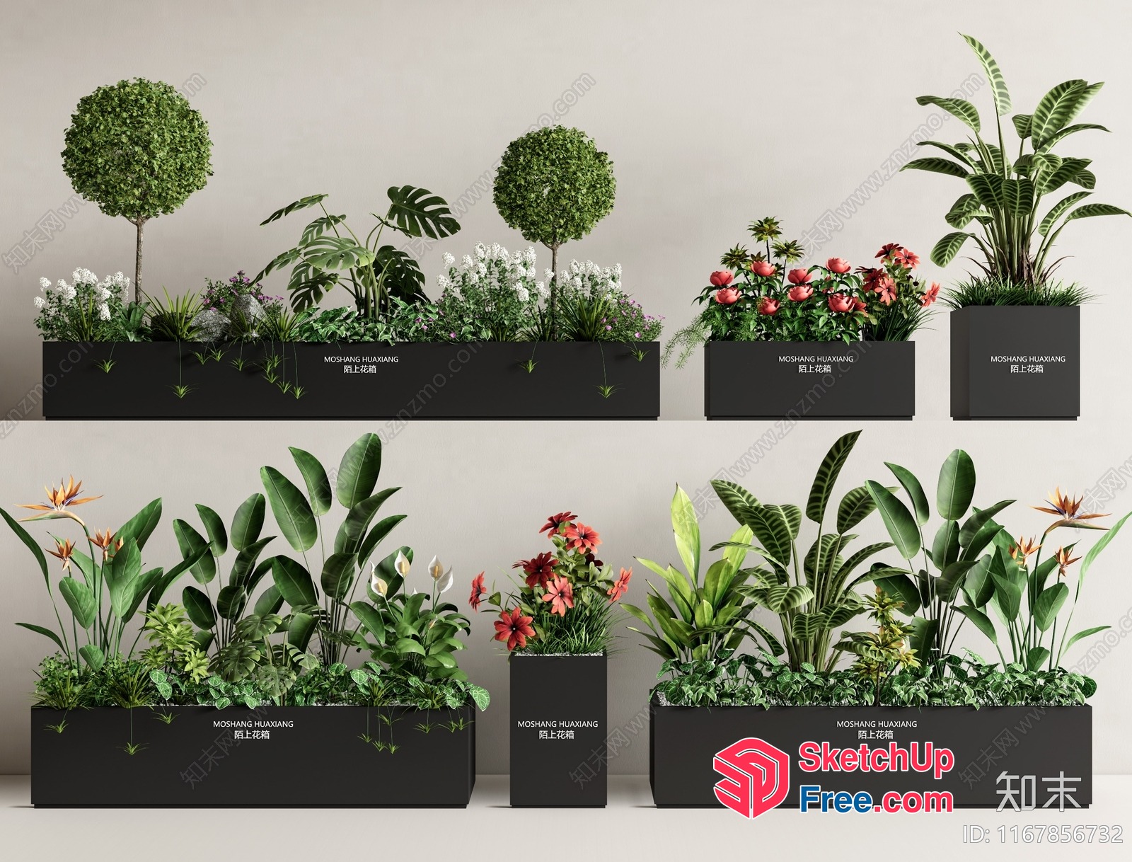 Modern Tropical Planters With Various Plants And Flowers 3D SketchUp File