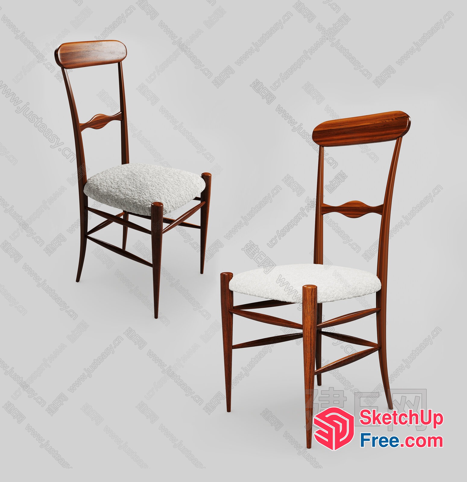 Elegant Wooden Chairs With White Cushions 3D SketchUp File