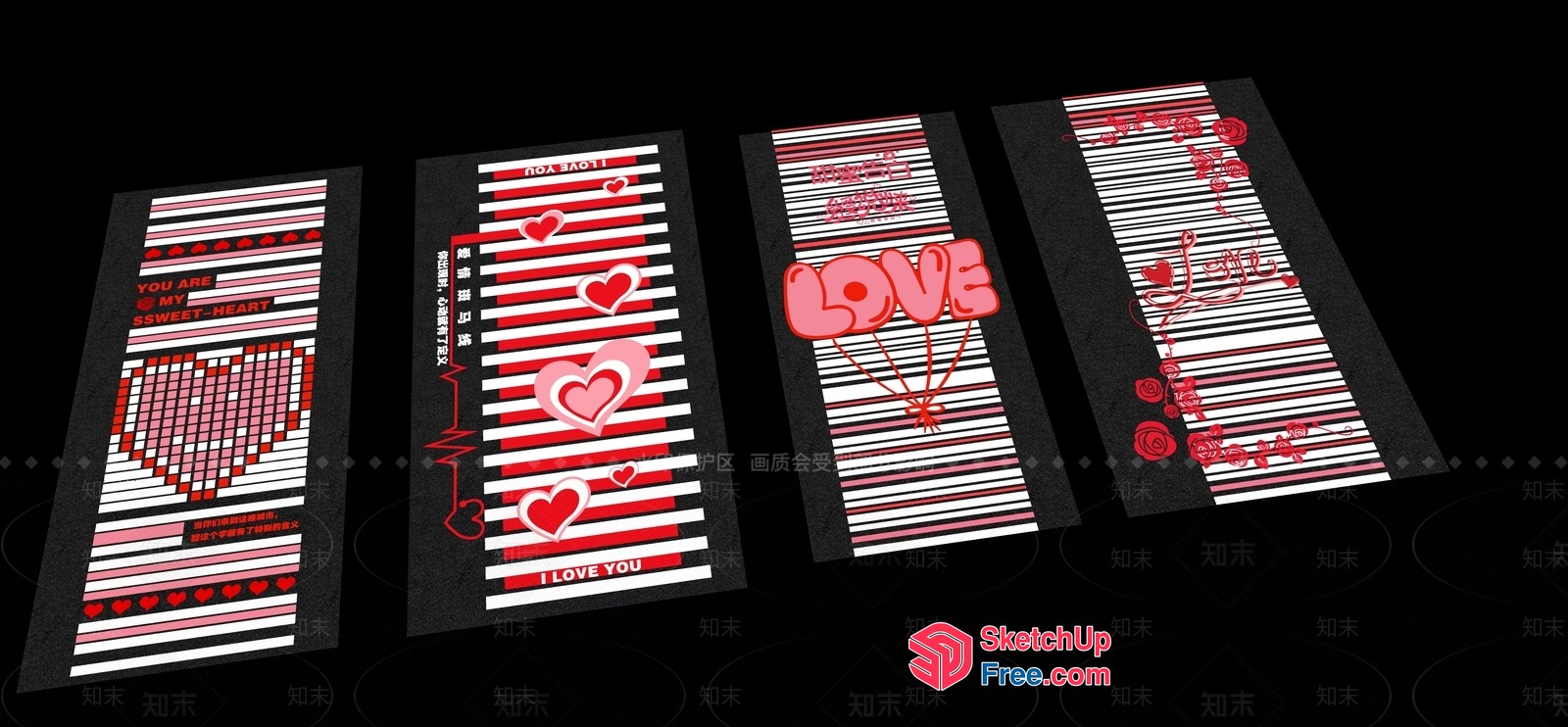 Heart-Themed Decorative Stripes 3D SketchUp File