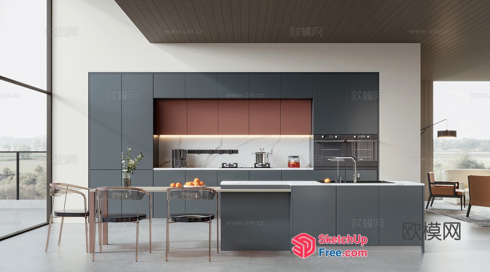 Modern Kitchen With Large Window And Island 3D SketchUp File