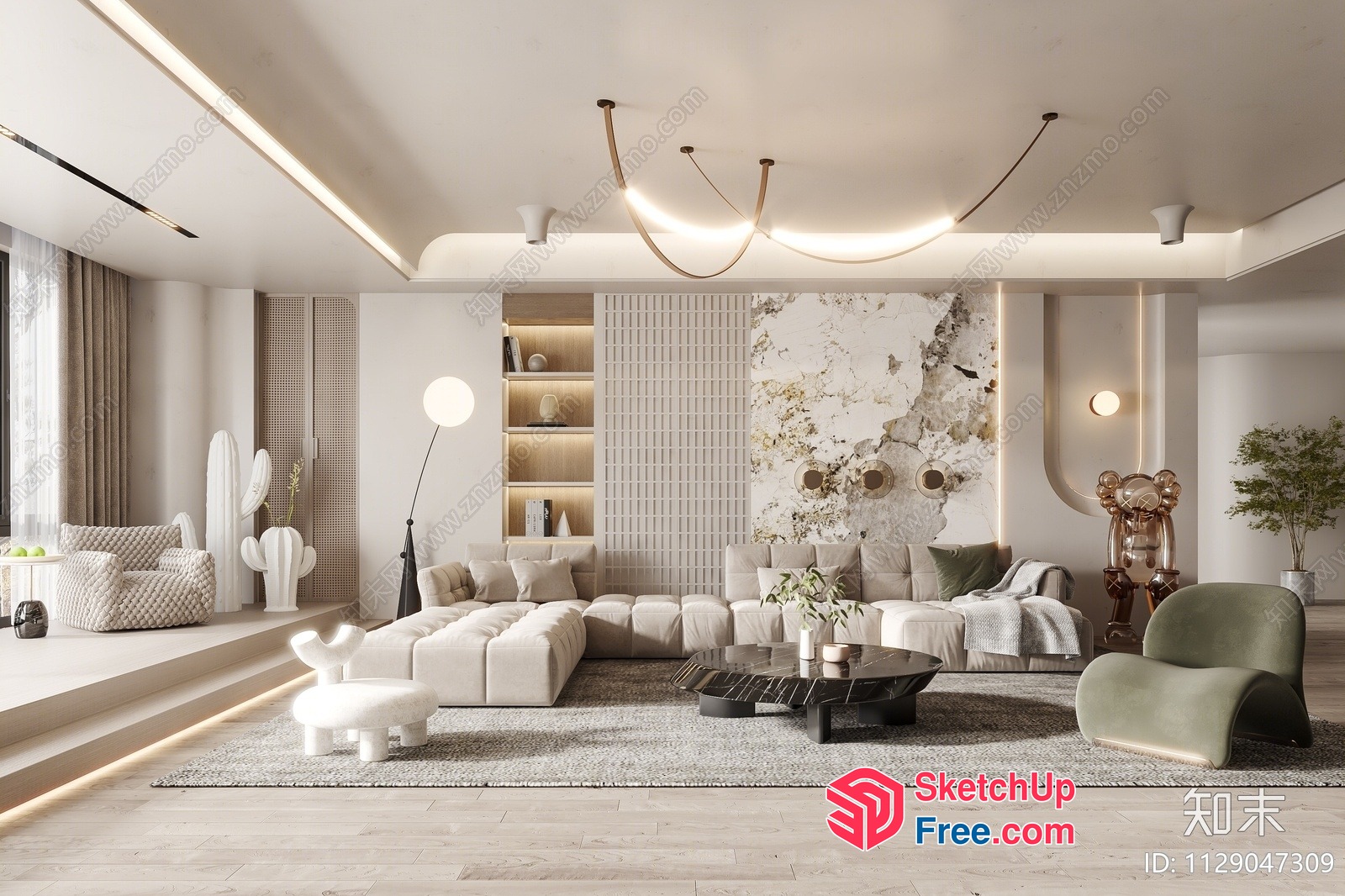 Minimalist Style Living Room With Creamy Style Sofa 3D SketchUp File