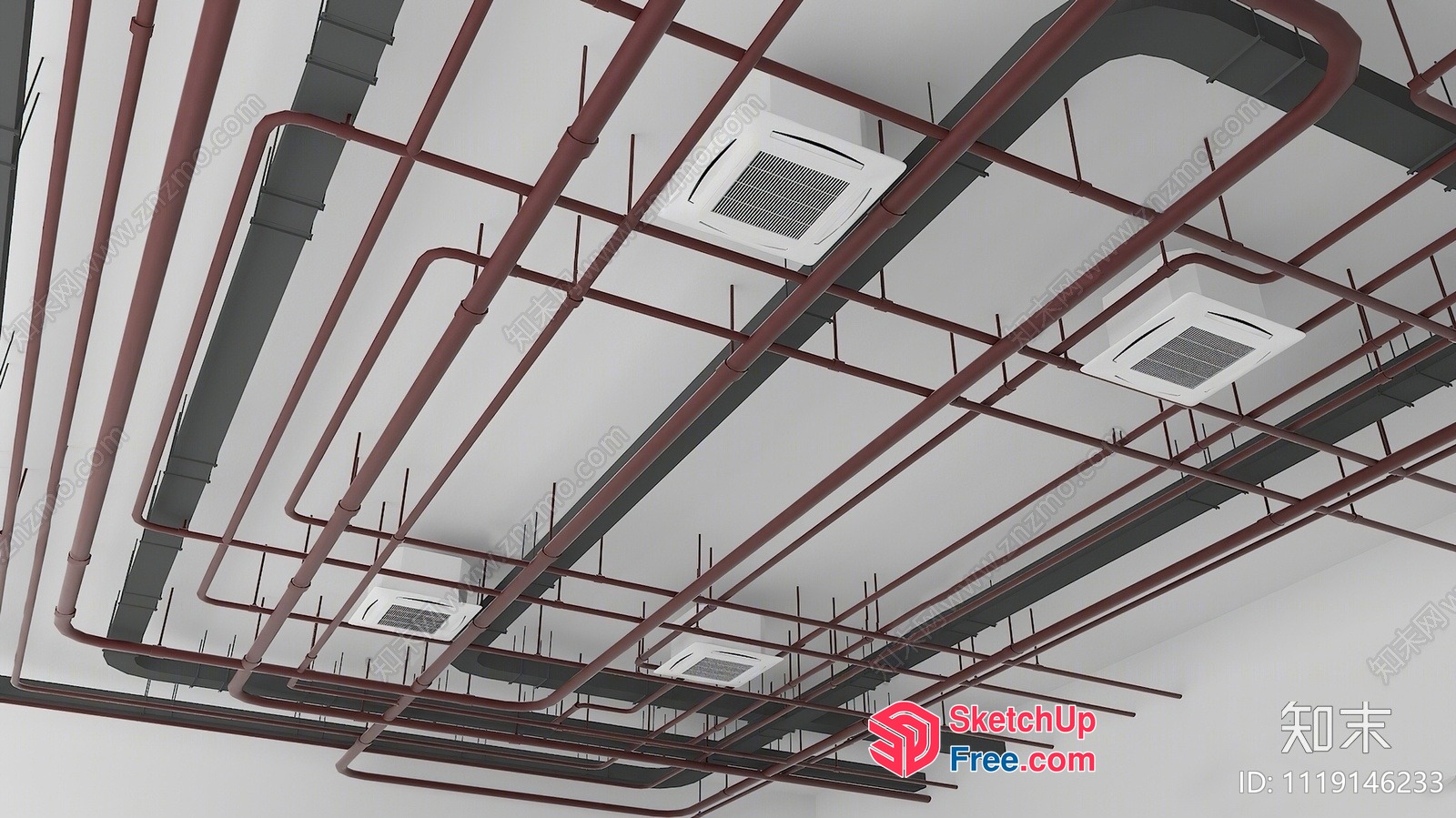 Industrial Style Ceiling With Red Pipes And White Air Conditioning Units 3D SketchUp File