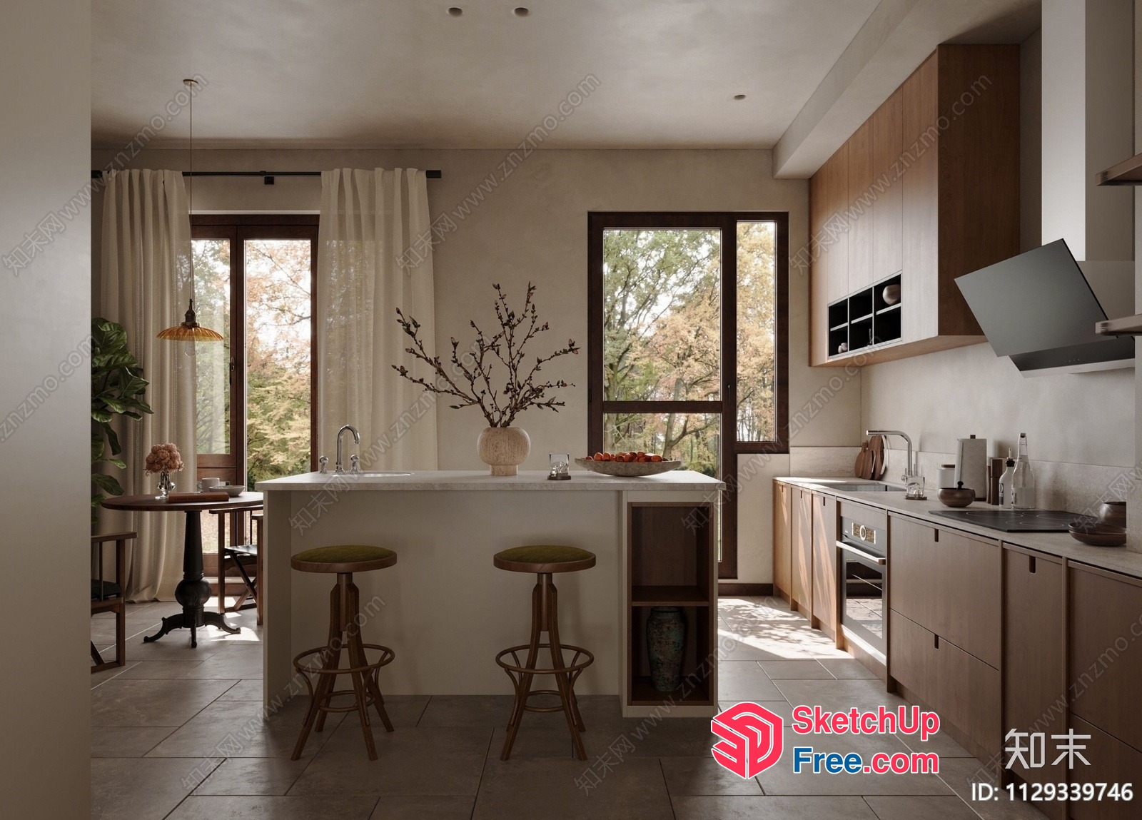 Modern Kitchen With Island And Stools 3D SketchUp File