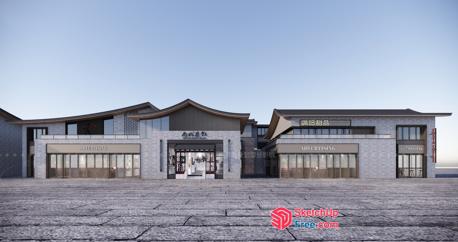 Traditional Asian Building Facade With Glass Curtain Wall 3D SketchUp File