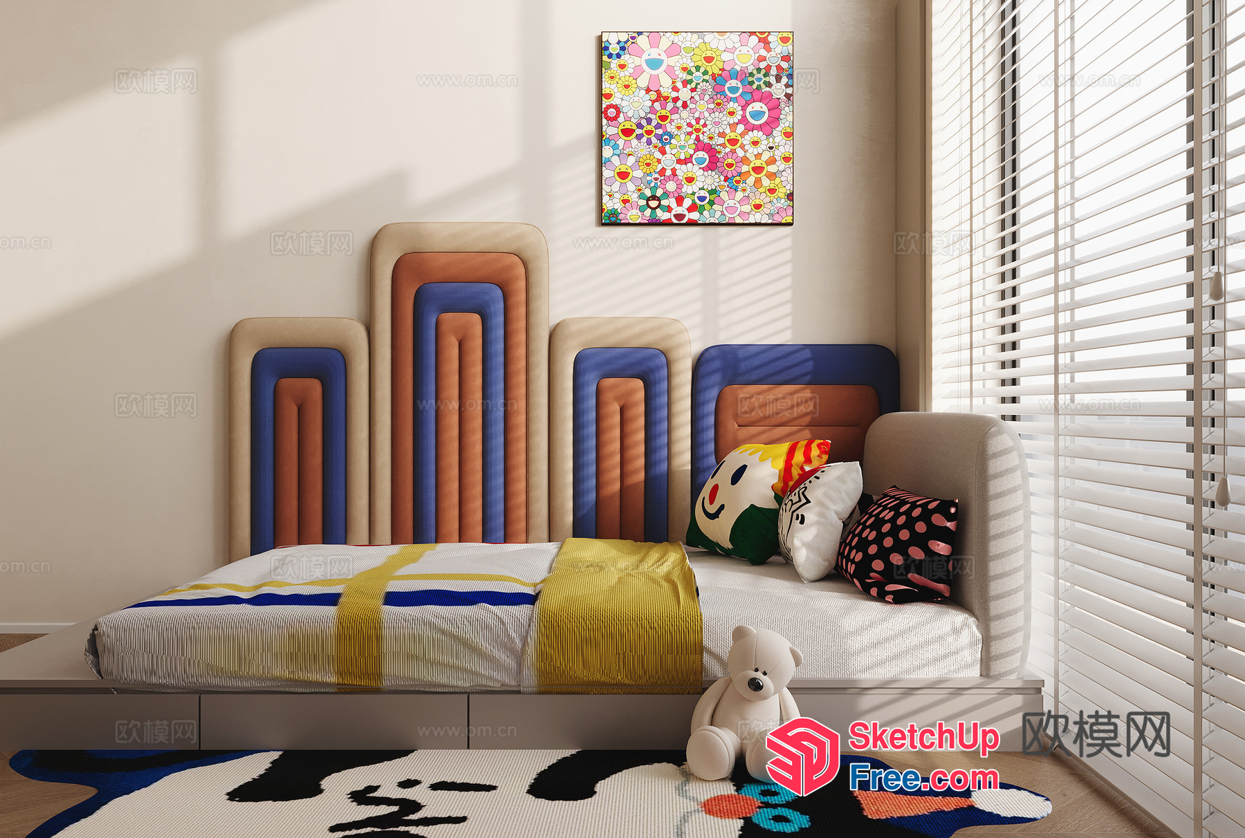 Colorful Bed Head Tab And Pillows In A Playful Room 3D SketchUp File