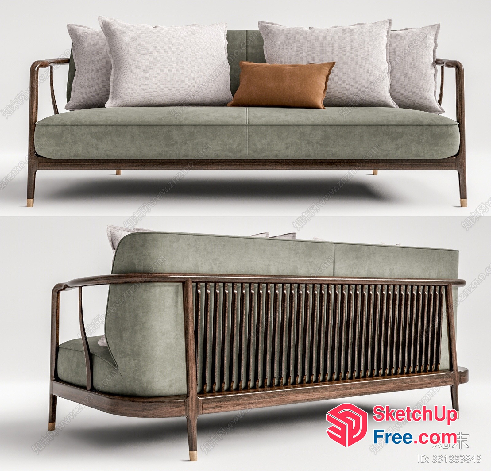 Modern Japanese-Style Sofa With Wood Accents And Pillows 3D SketchUp File