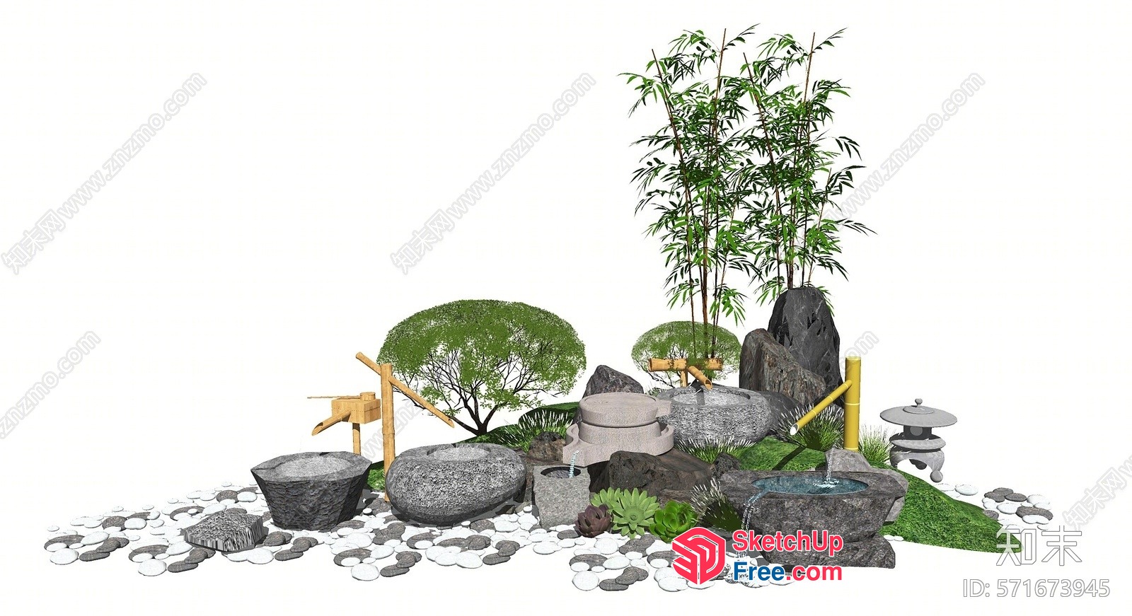 Japanese Inspired Garden Decor With Water Feature 3D SketchUp File