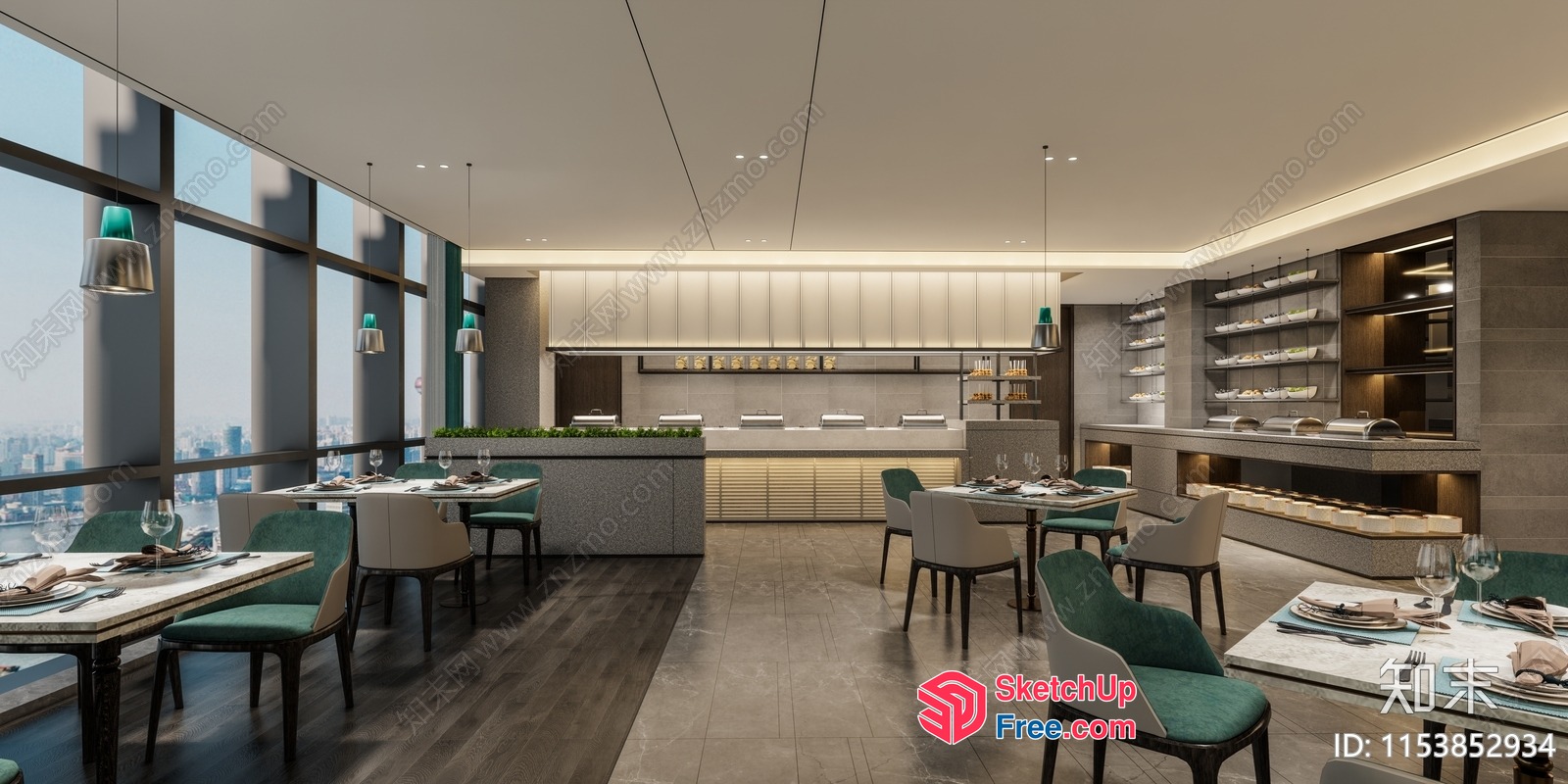 Elegant Modern Restaurant Interior With City View 3D SketchUp File