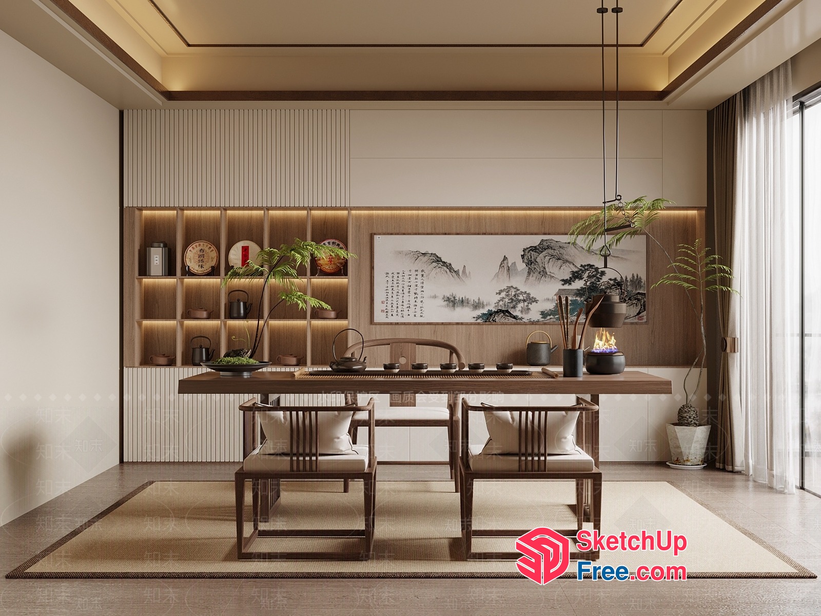 Modern Asian-Inspired Dining Room With Natural Wood Accents 3D SketchUp File