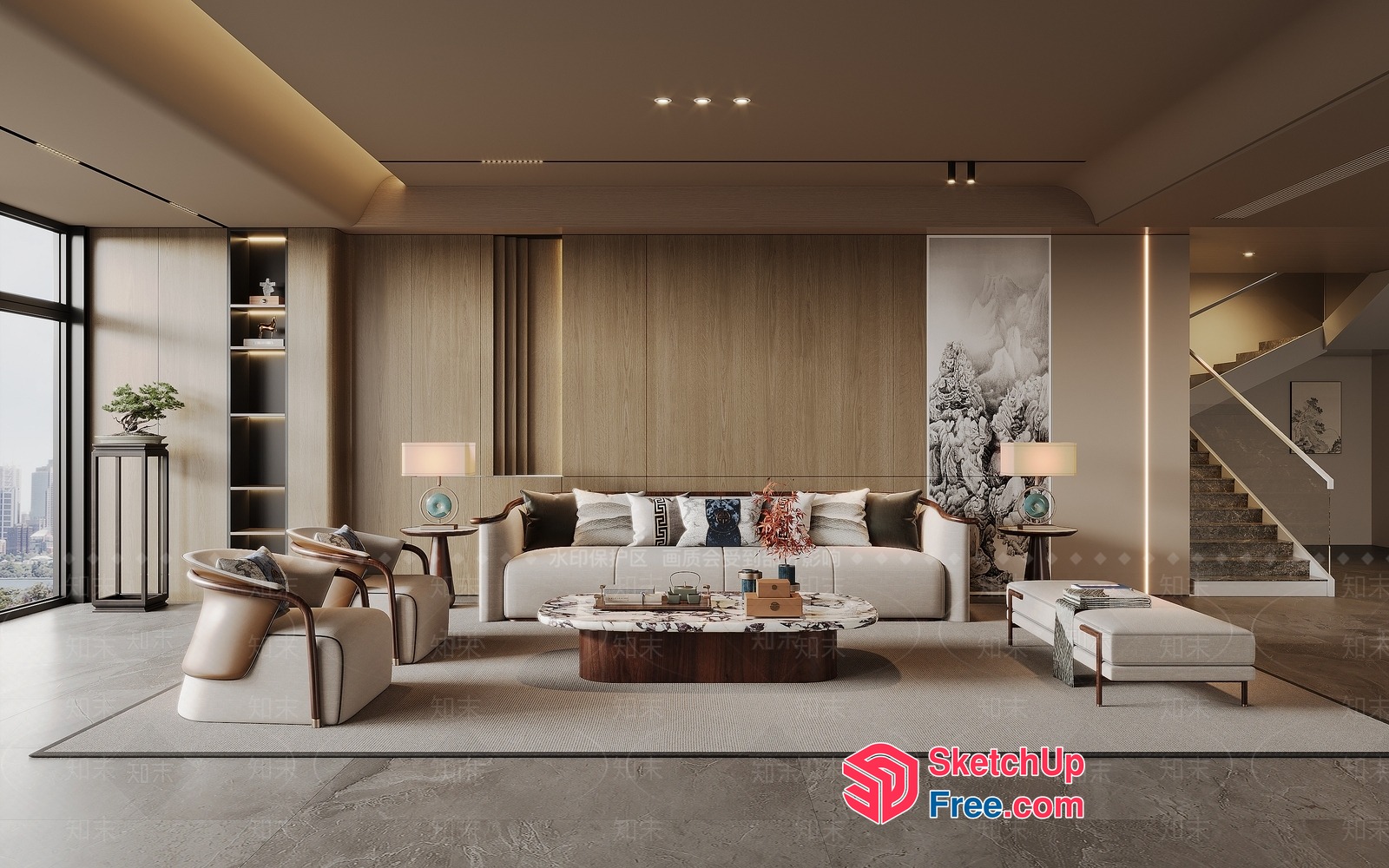 Elegant Modern Living Room With Marble Coffee Table 3D SketchUp File