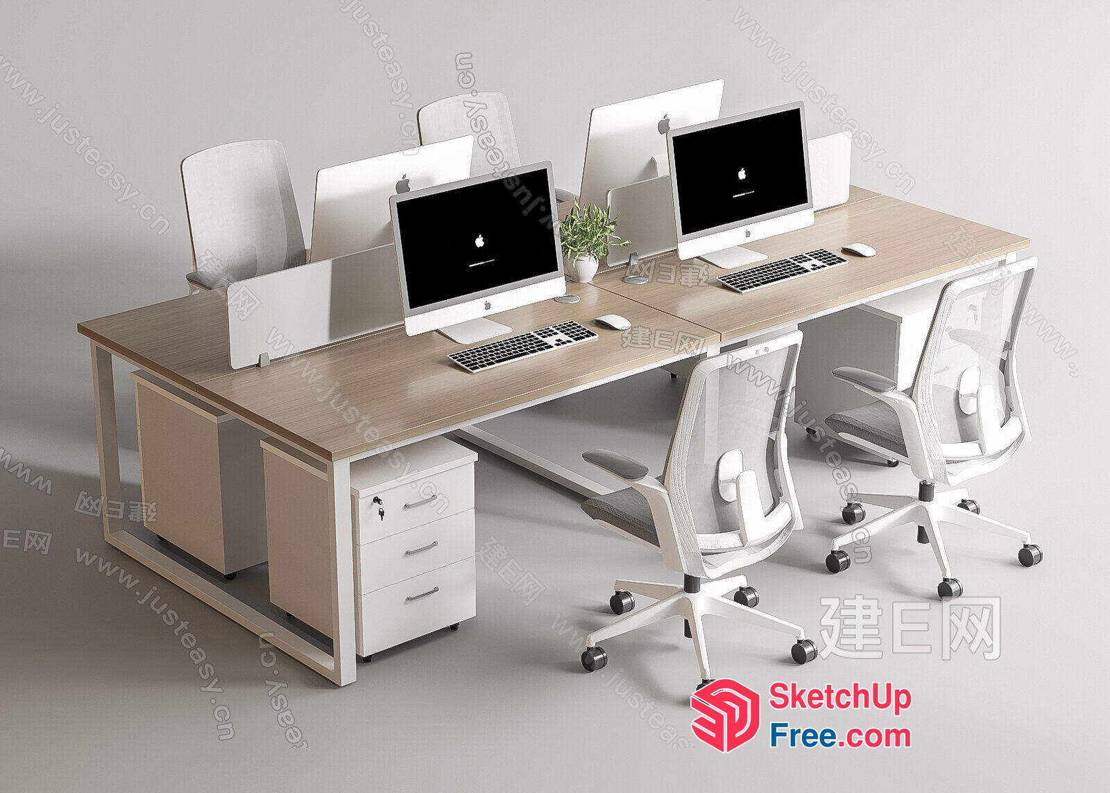 Modern Office Workspace With Two Desks And White Chairs 3D SketchUp File