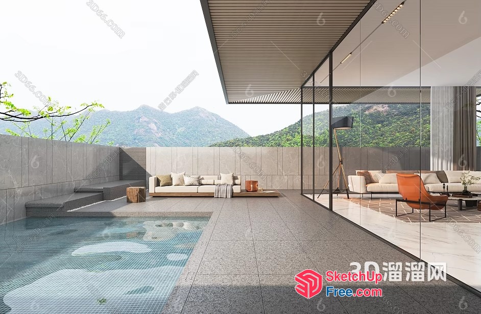 Modern Minimalist Outdoor Living Space With Mountain View 3D SketchUp File