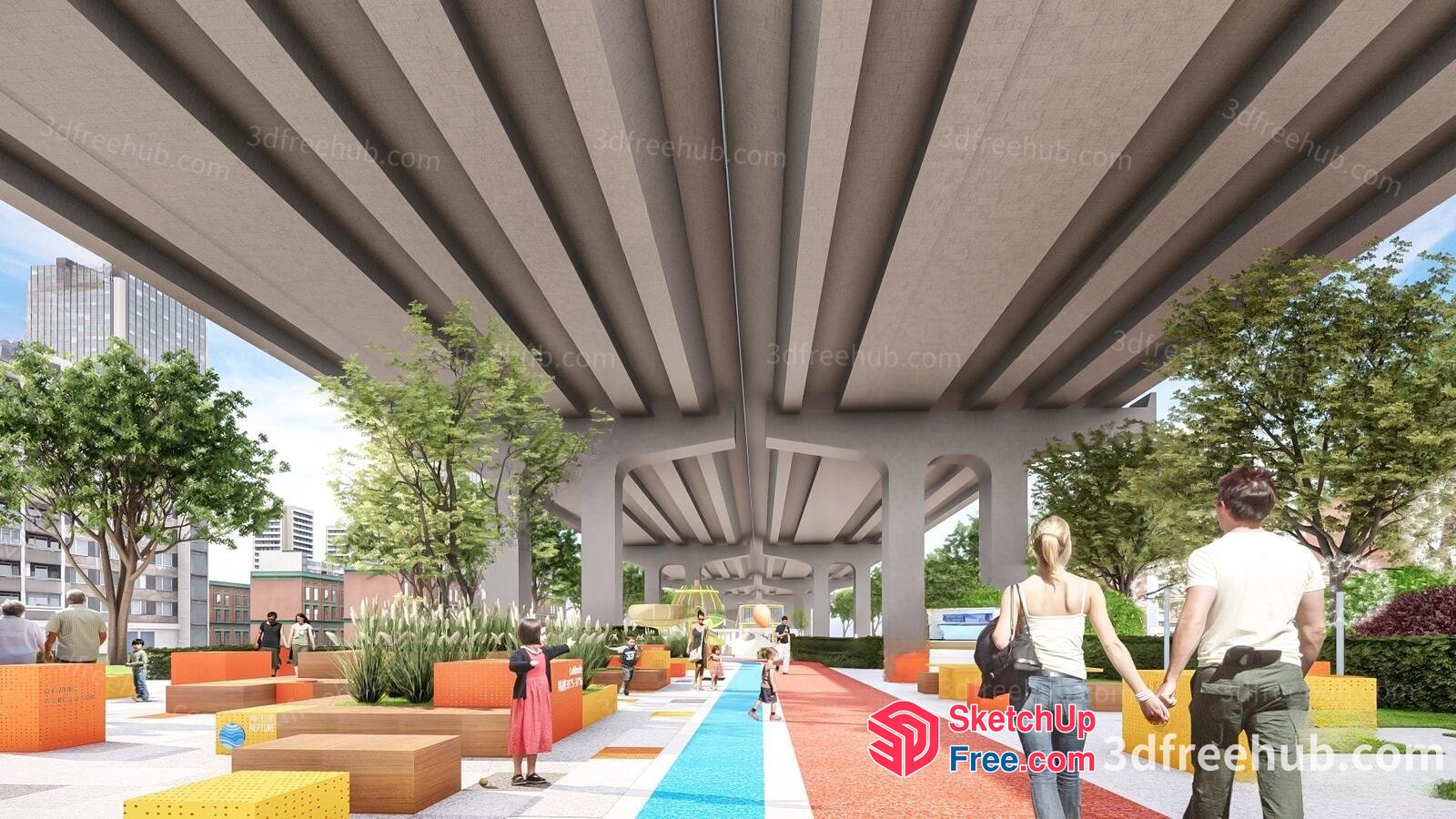 People Walking Under A Bridge 3D SketchUp File