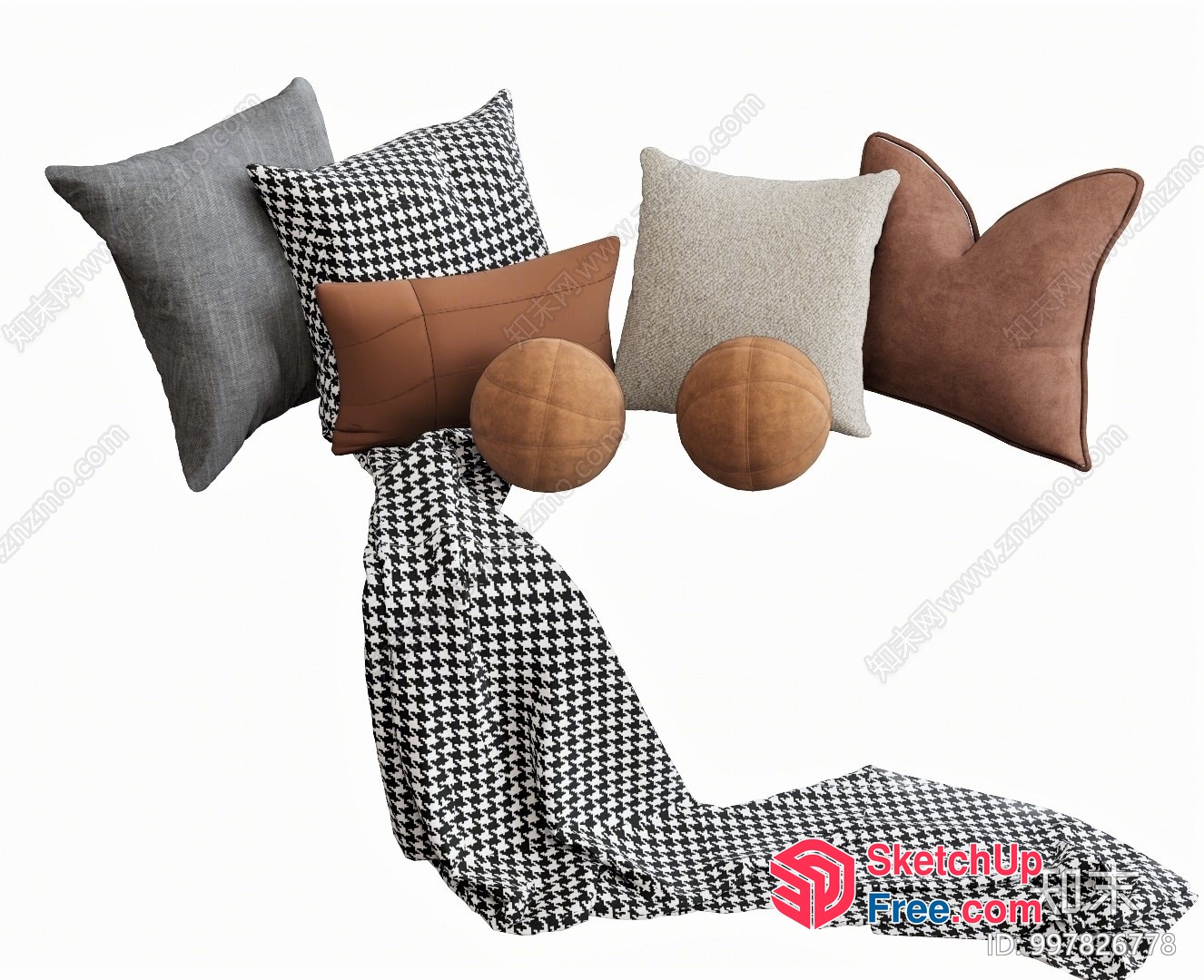 Brown And White Houndstooth Patterned Pillows And Blanket 3D SketchUp File