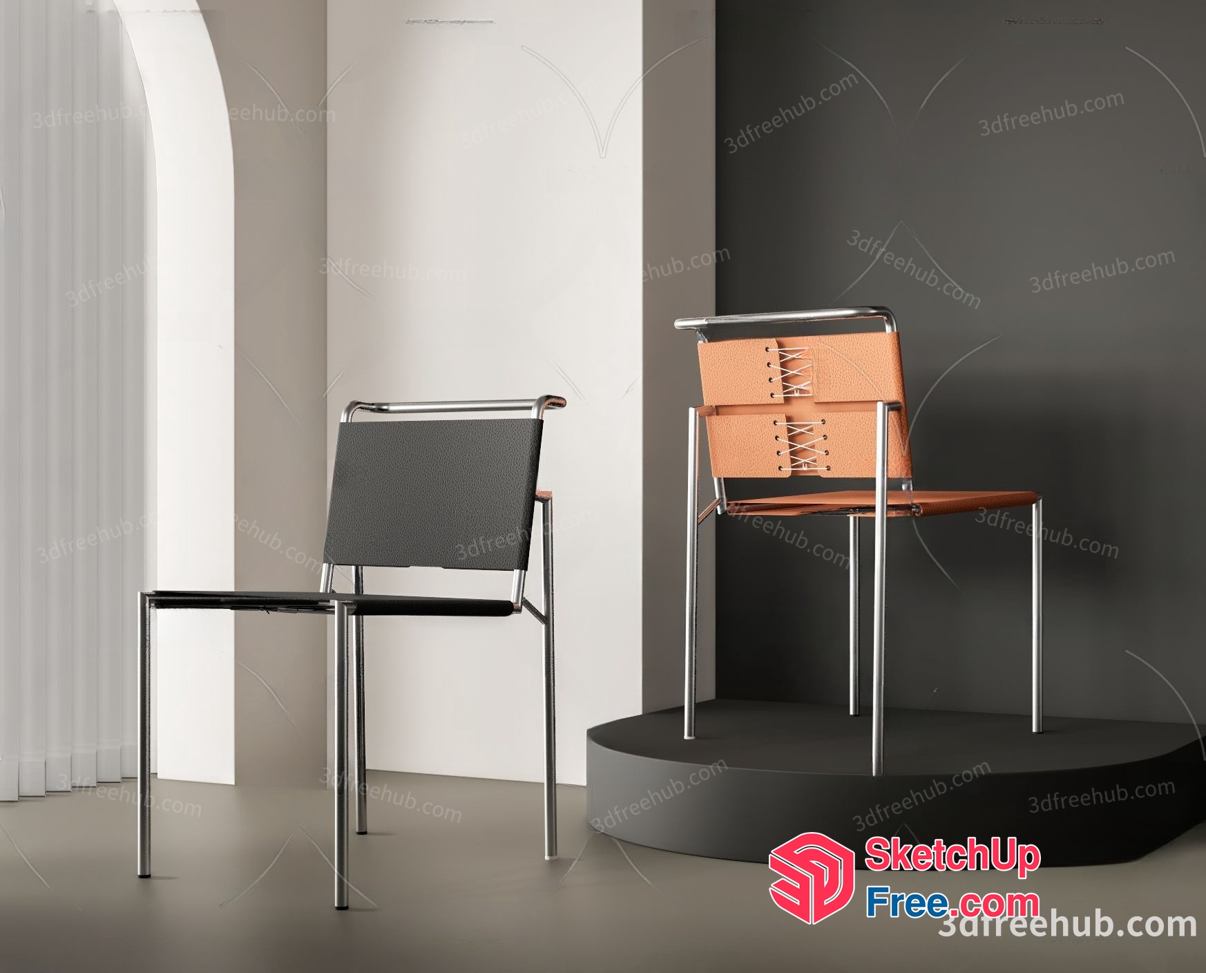 Two Chairs On A Black And White Platform 3D SketchUp File