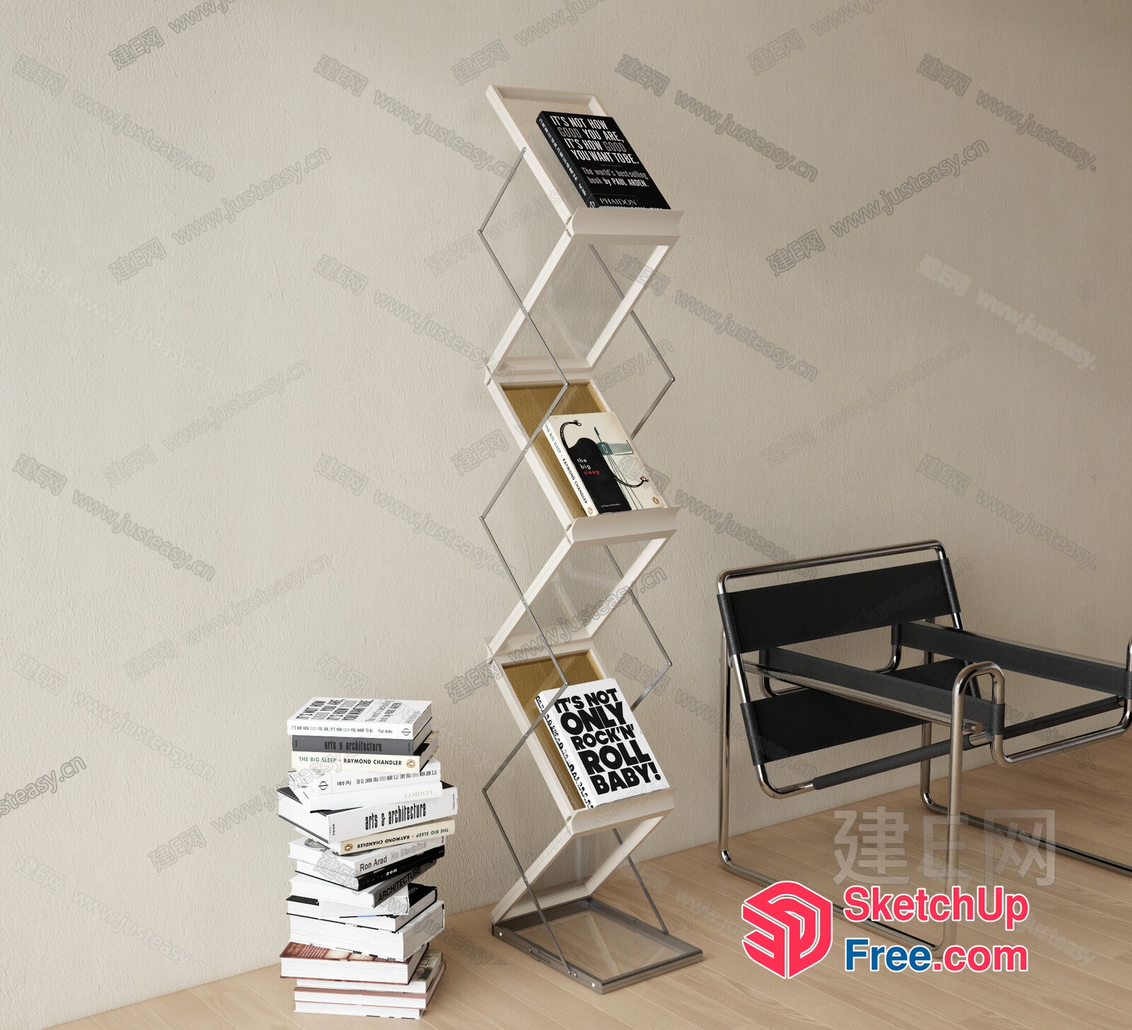 Stacked Bookcase With Quotes And Modern Chair 3D SketchUp File