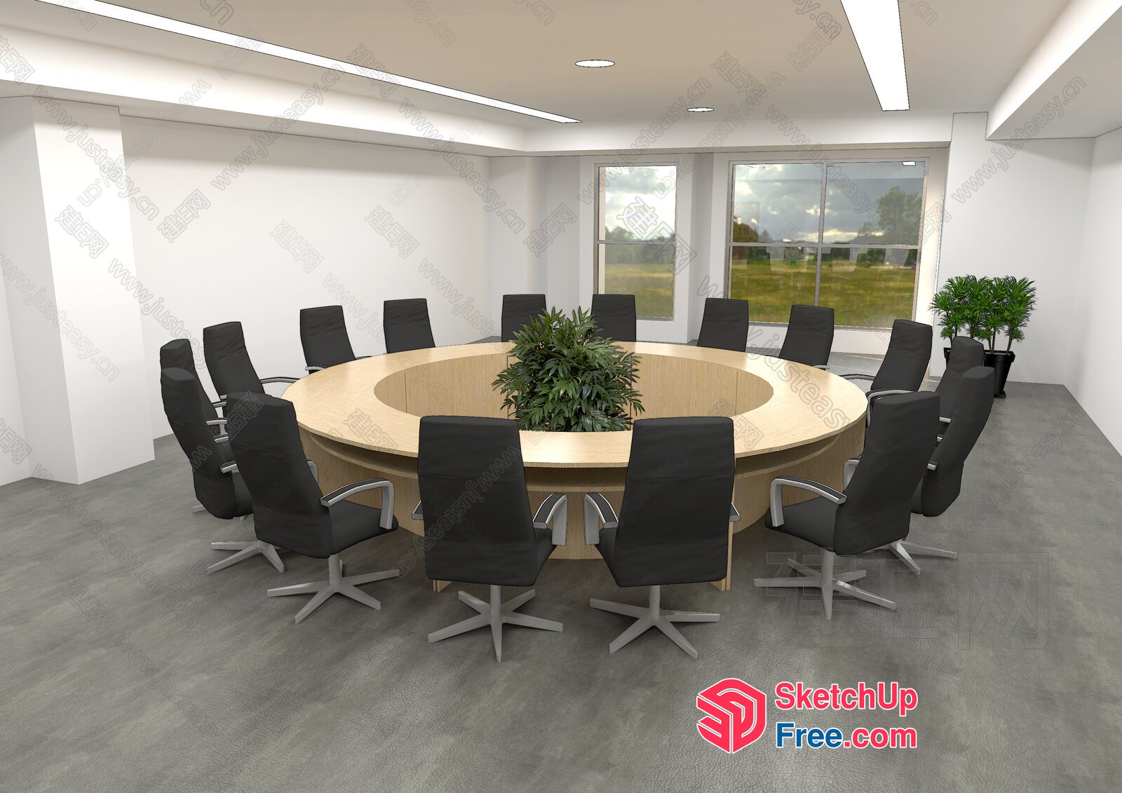 Large Round Conference Table With Black Chairs And Potted Plants 3D SketchUp File